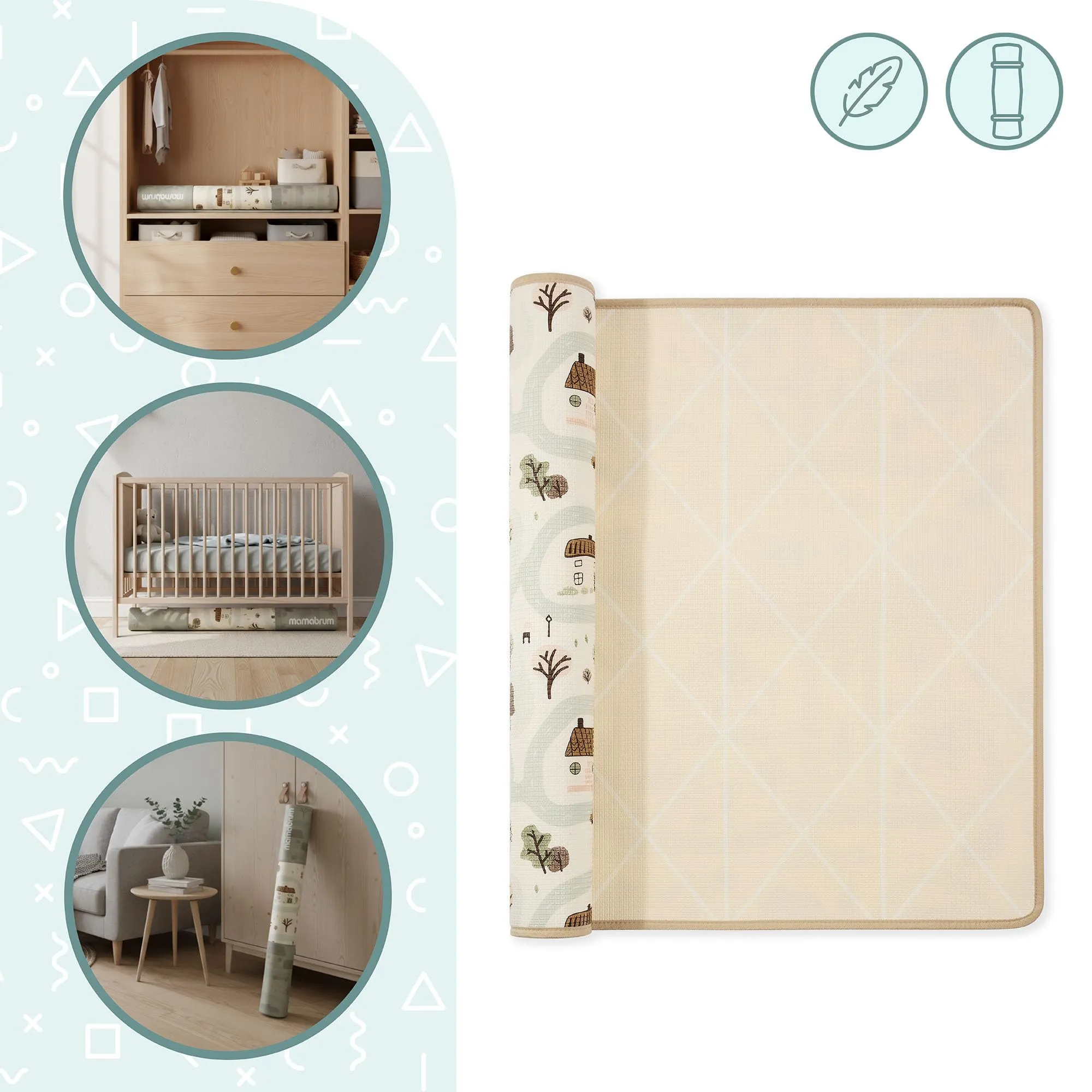 Mamabrum Tappeto Gioco Reversibile 180x120 cm per Neonati e Bambini, Superficie Morbida in Schiuma XPE per Gattonare e Giocare, Motivo Dolce Cittadina/Beige Sabbia, Sottofondo Leggero Arrotolabile - immagine 10