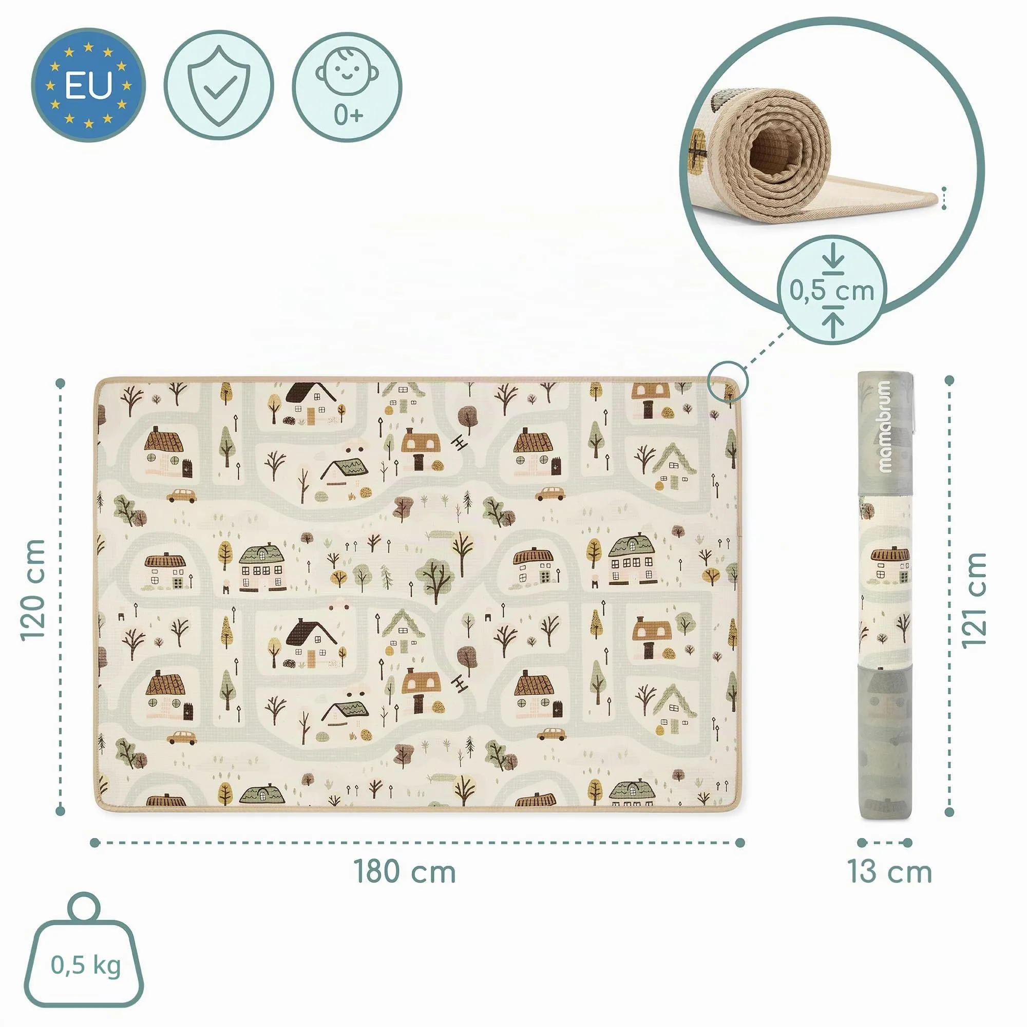 Mamabrum Tappeto Gioco Reversibile 180x120 cm per Neonati e Bambini, Superficie Morbida in Schiuma XPE per Gattonare e Giocare, Motivo Dolce Cittadina/Beige Sabbia, Sottofondo Leggero Arrotolabile - immagine 11