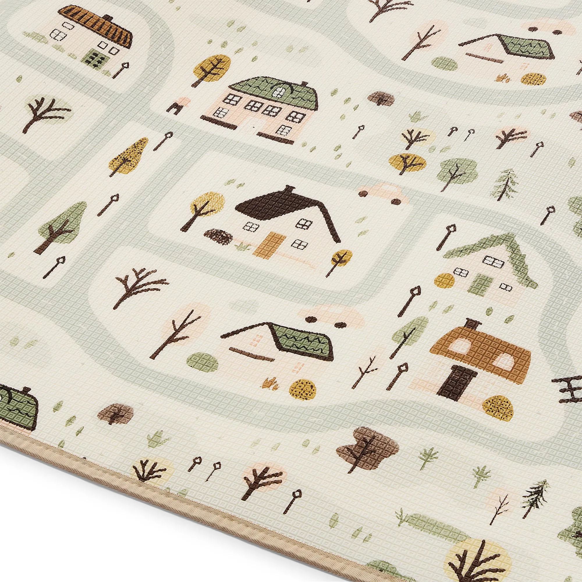 Mamabrum Tappeto Gioco Reversibile 180x120 cm per Neonati e Bambini, Superficie Morbida in Schiuma XPE per Gattonare e Giocare, Motivo Dolce Cittadina/Beige Sabbia, Sottofondo Leggero Arrotolabile - immagine 14