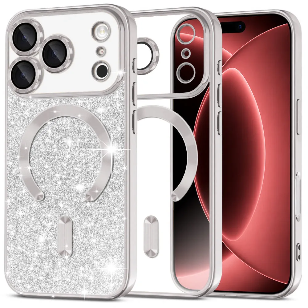 Custodia MagSafe per Apple iPhone 18 Pro Max / 17 Pro Max, Techsuit, Luxury Glitter, Argento - immagine 1