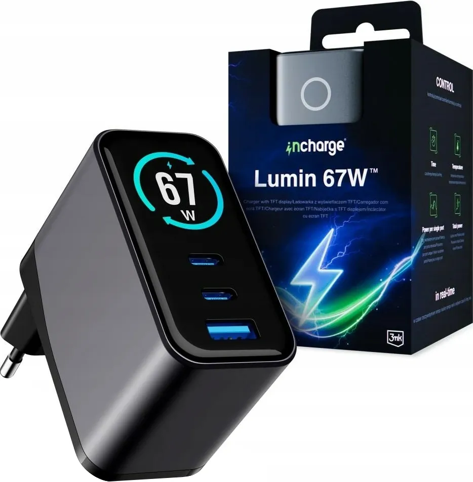 Caricatore da rete 3MK InCharge Lumin Display, 67W, 5A, 1 x USB-A - 2 x USB-C, Nero - immagine 1