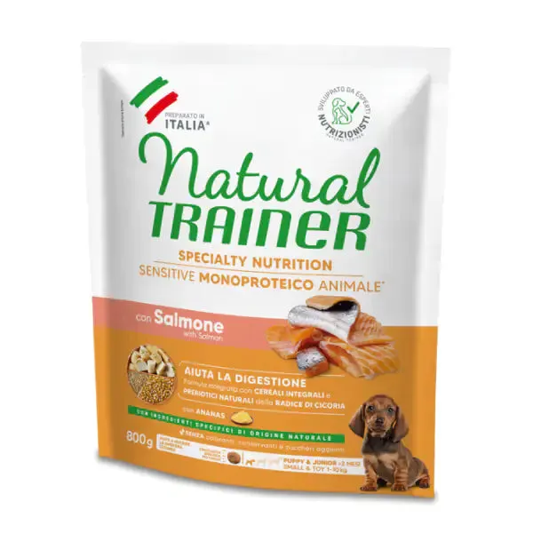 Natural Trainer Speciality Nutrition Sensitive Monoproteico Small&Toy Puppy e Junior con Salmone e cereali integrali 800 gr - Crocchette monoproteiche cane - immagine 1