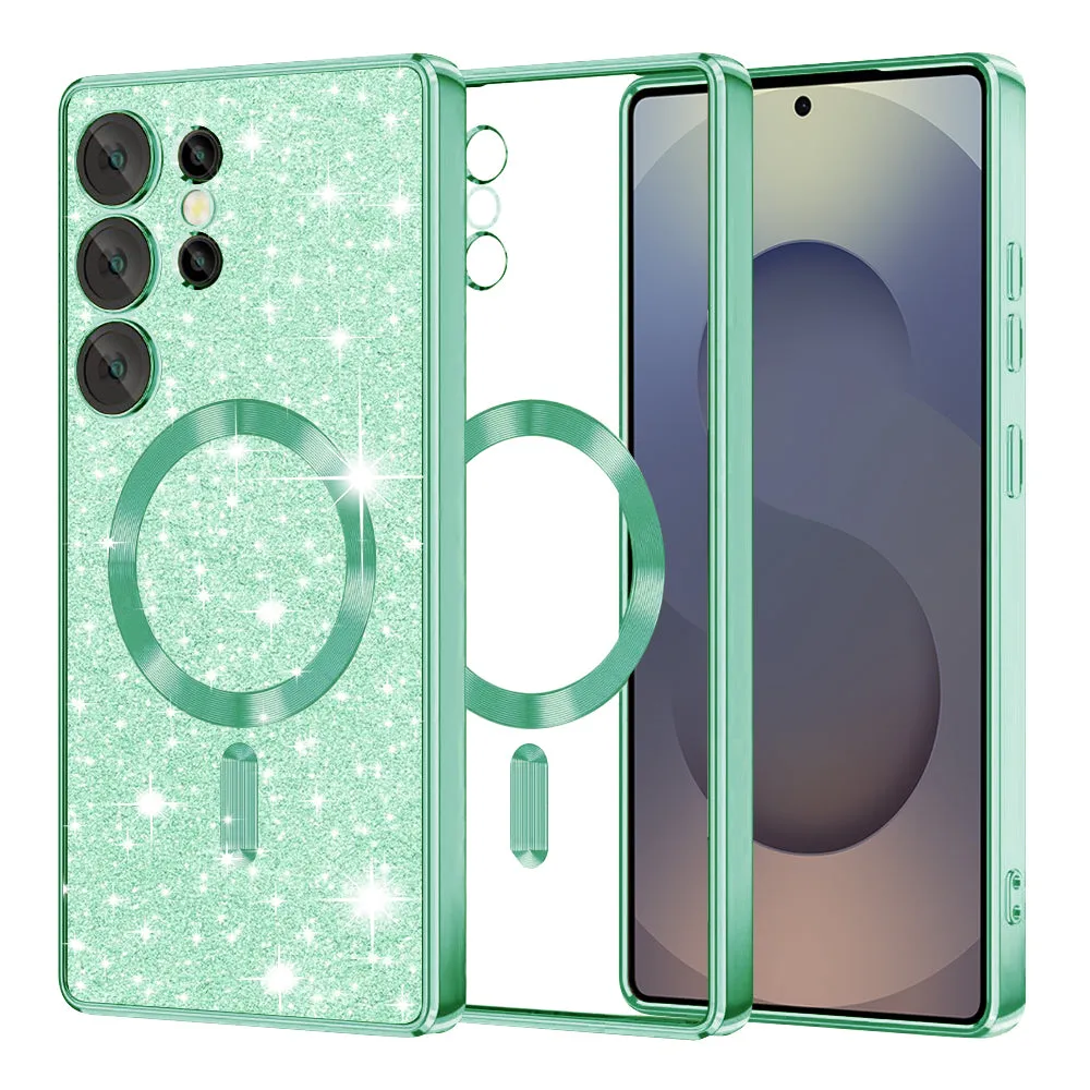 Custodia MagSafe per Samsung Galaxy S25 Ultra S938, Techsuit, Luxury Glitter, Verde Chiaro - immagine 1