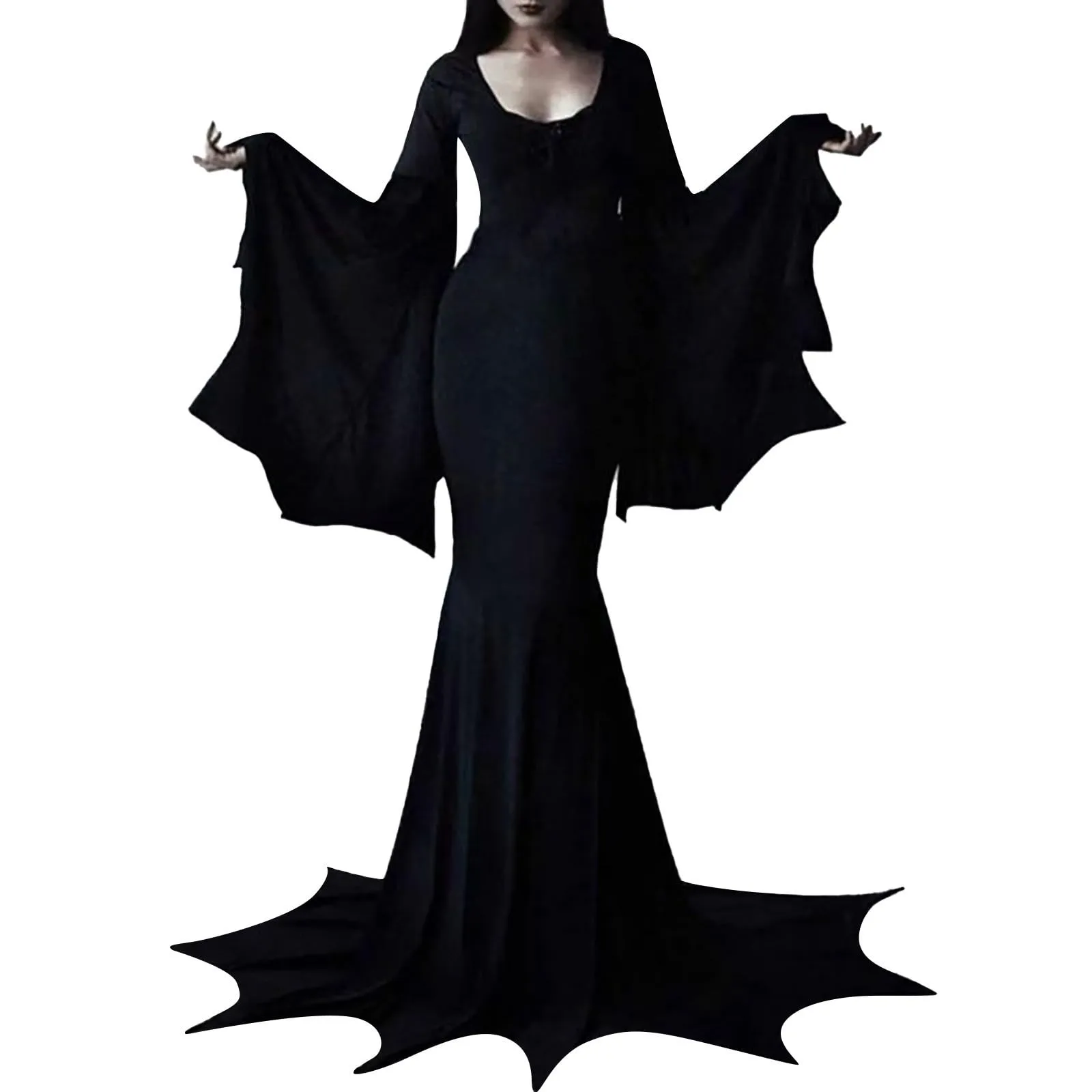 Generisch Vestito per Halloween, vestito gotico, pipipistrello, abito lungo il pavimento, Morticia Addams, costume da vampiro, alla moda, comodo, da pavimento, taglie forti, per il tempo libero, da - immagine 1