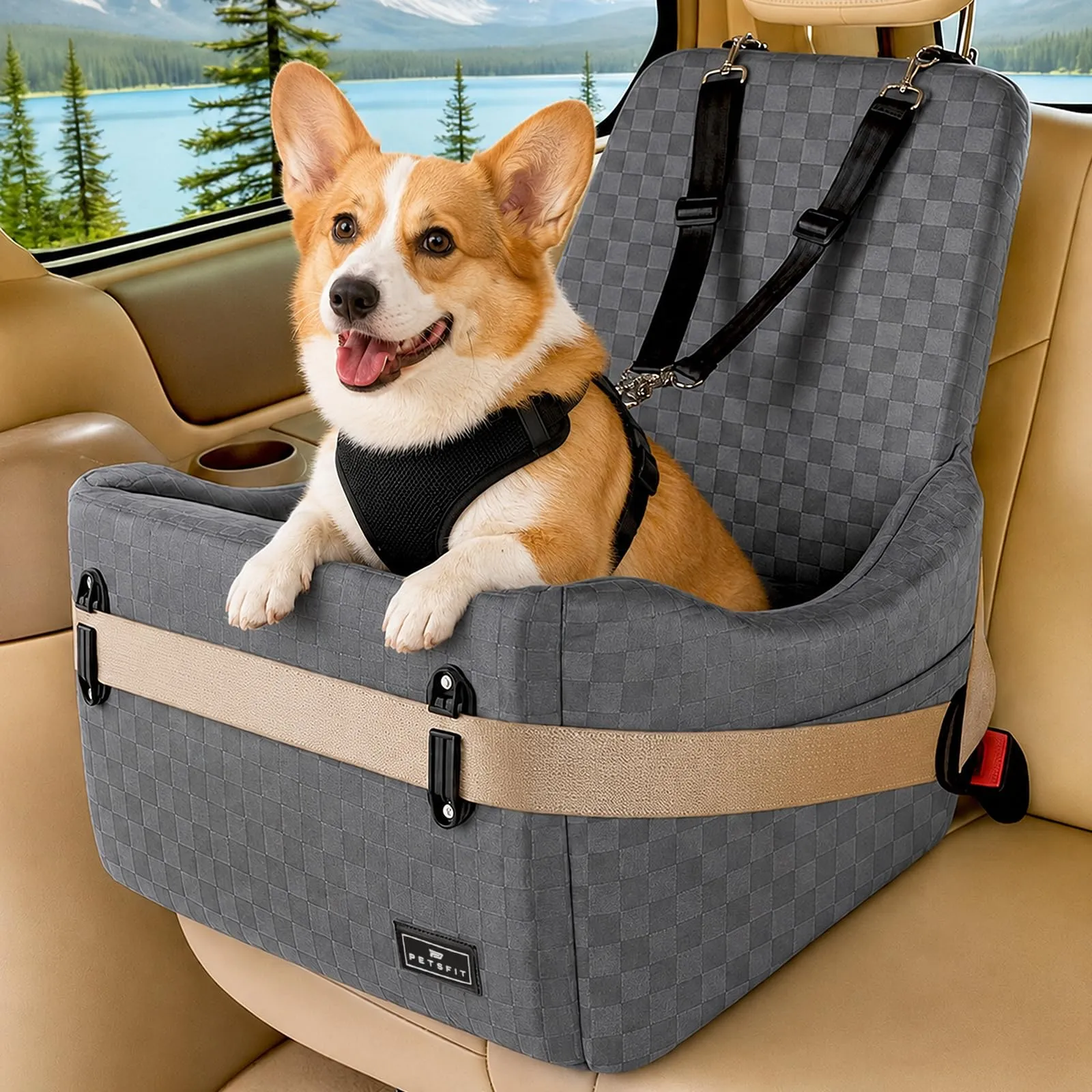 PETSFIT Seggiolino Auto per Cani di Taglia Piccola/Media fino a 15 kg – Sistema di Sicurezza Brevettato, Rialzo con Memory Foam da 13 cm, Sfoderabile e Lavabile, 2 Tasche Portaoggetti (Grigio) - immagine 1