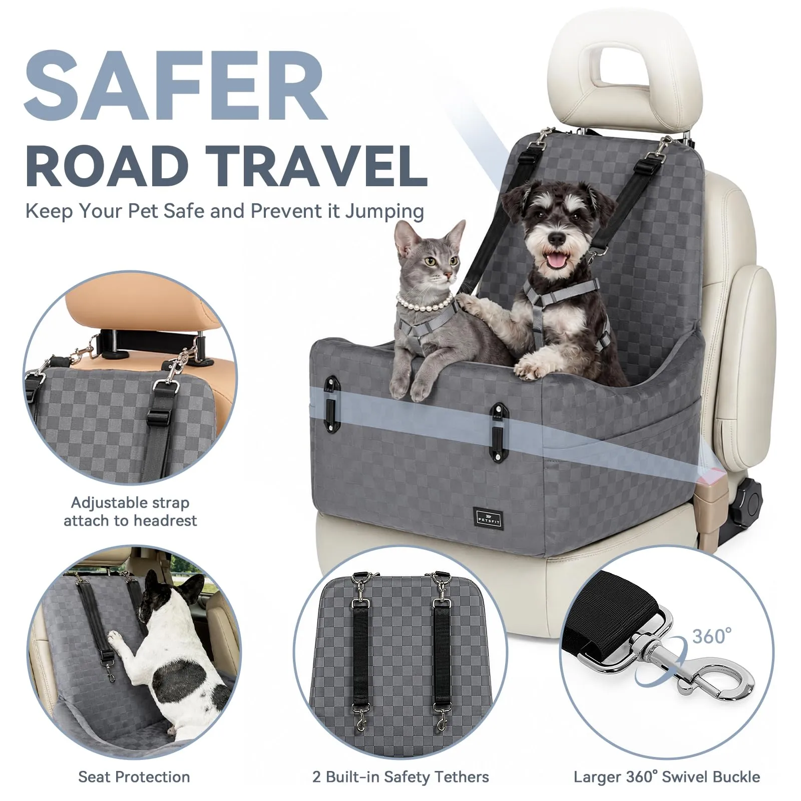 PETSFIT Seggiolino Auto per Cani di Taglia Piccola/Media fino a 15 kg – Sistema di Sicurezza Brevettato, Rialzo con Memory Foam da 13 cm, Sfoderabile e Lavabile, 2 Tasche Portaoggetti (Grigio) - immagine 2