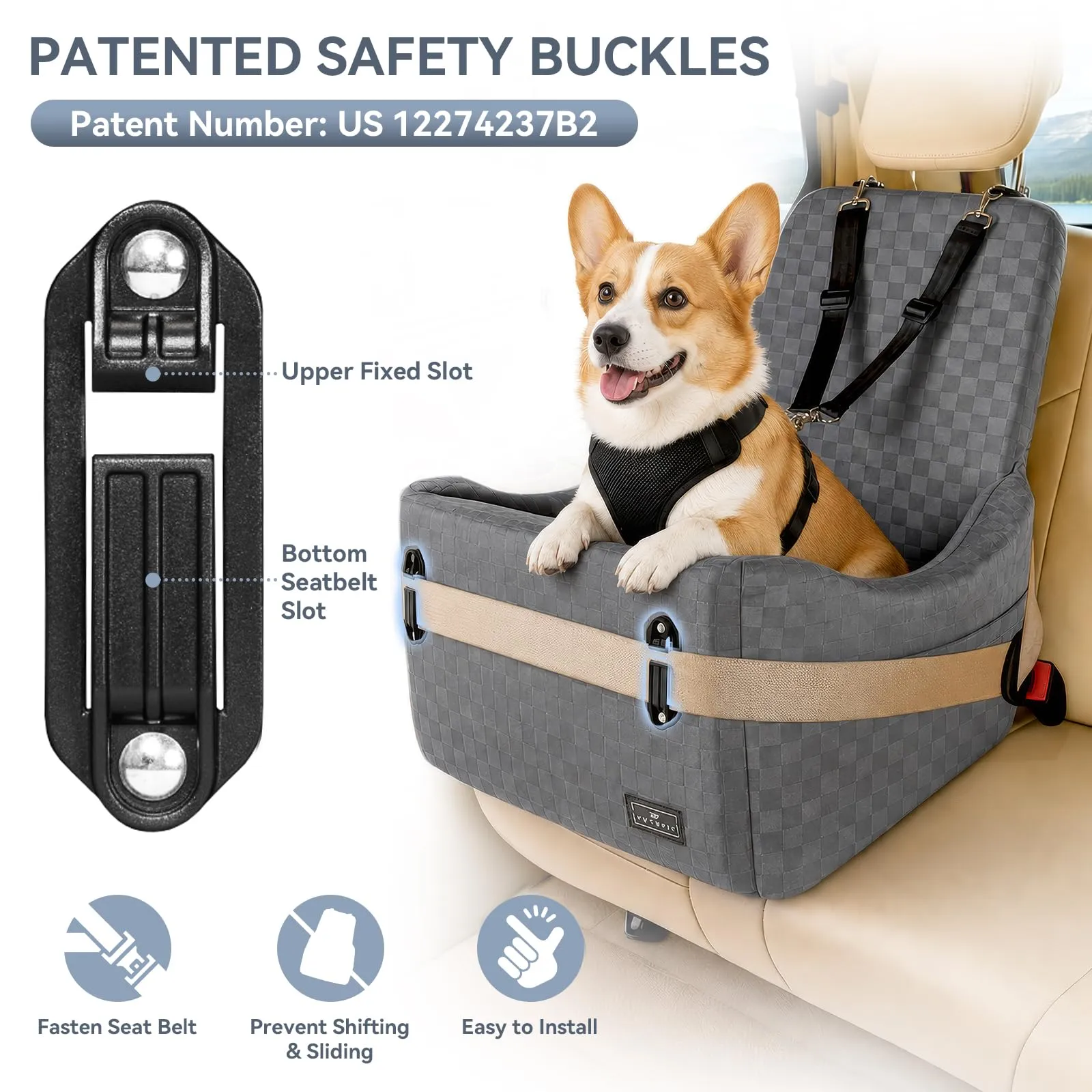 PETSFIT Seggiolino Auto per Cani di Taglia Piccola/Media fino a 15 kg – Sistema di Sicurezza Brevettato, Rialzo con Memory Foam da 13 cm, Sfoderabile e Lavabile, 2 Tasche Portaoggetti (Grigio) - immagine 3