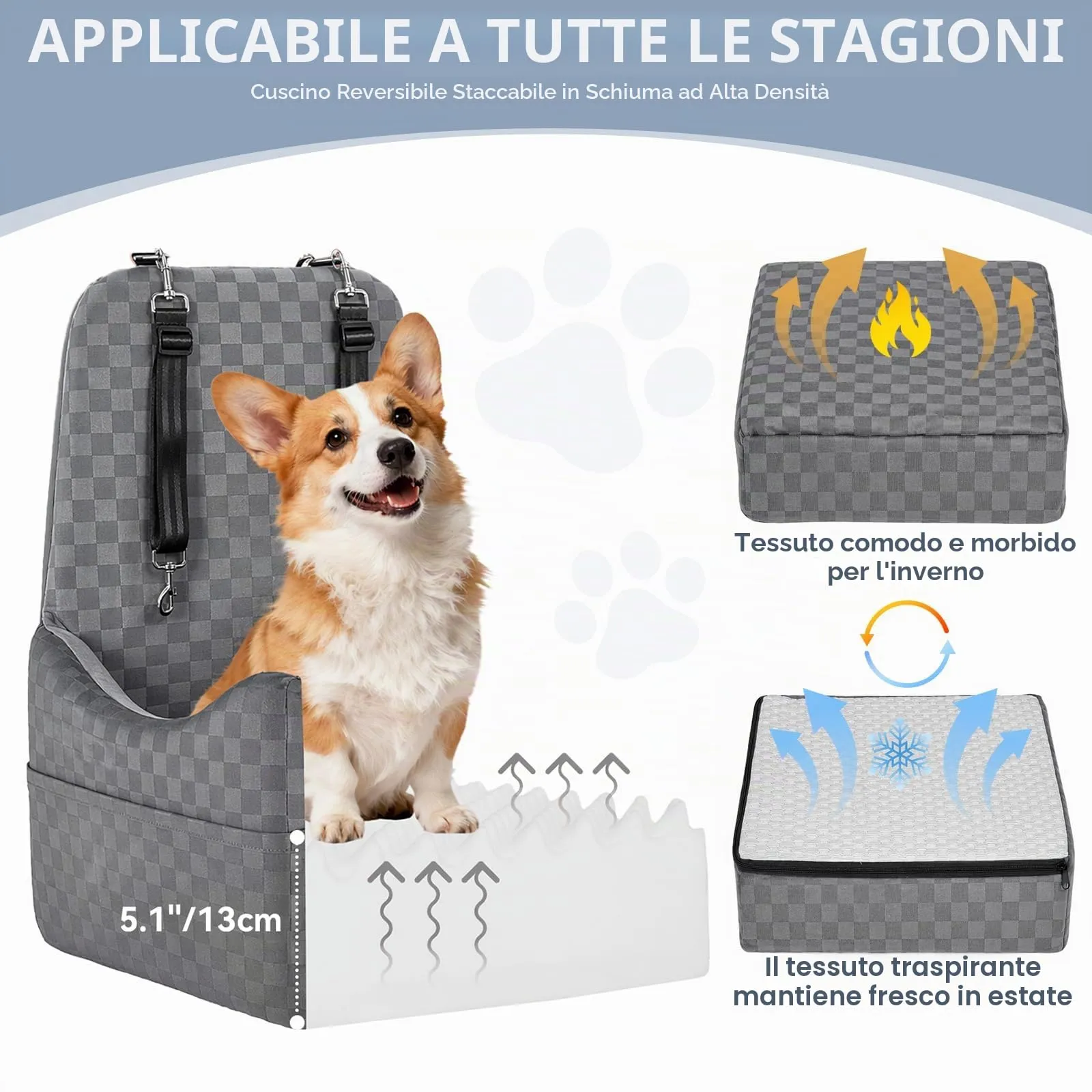 PETSFIT Seggiolino Auto per Cani di Taglia Piccola/Media fino a 15 kg – Sistema di Sicurezza Brevettato, Rialzo con Memory Foam da 13 cm, Sfoderabile e Lavabile, 2 Tasche Portaoggetti (Grigio) - immagine 4