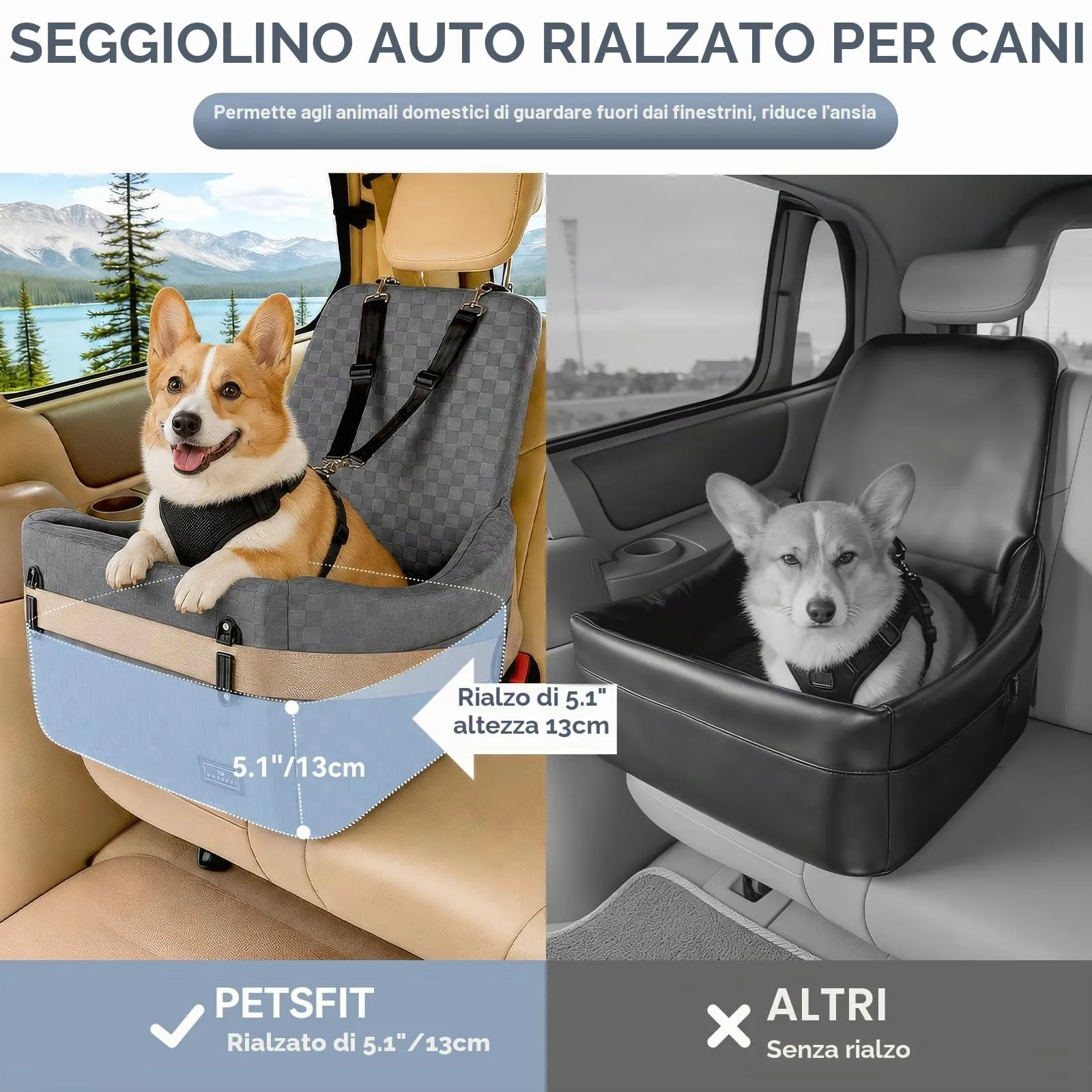 PETSFIT Seggiolino Auto per Cani di Taglia Piccola/Media fino a 15 kg – Sistema di Sicurezza Brevettato, Rialzo con Memory Foam da 13 cm, Sfoderabile e Lavabile, 2 Tasche Portaoggetti (Grigio) - immagine 5