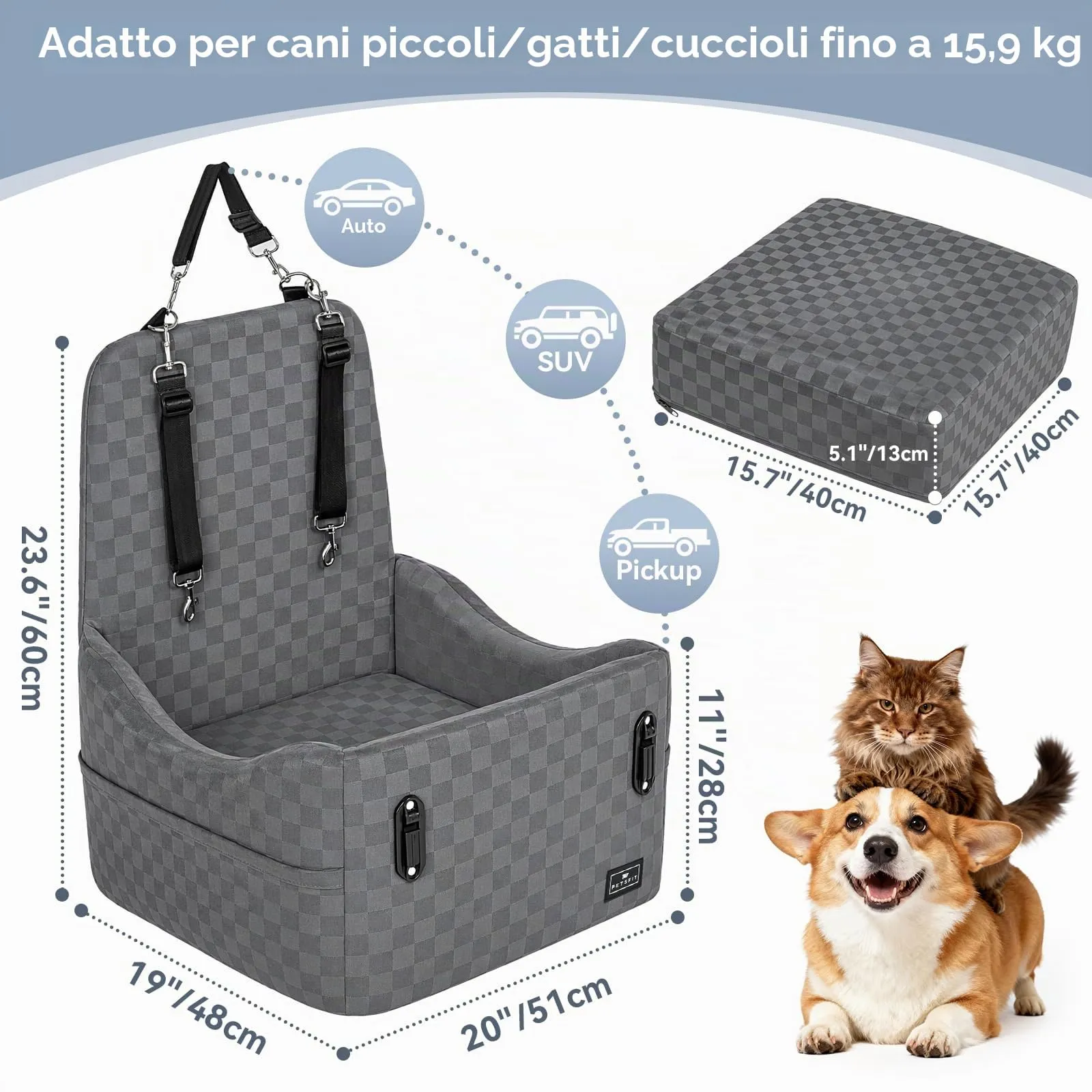 PETSFIT Seggiolino Auto per Cani di Taglia Piccola/Media fino a 15 kg – Sistema di Sicurezza Brevettato, Rialzo con Memory Foam da 13 cm, Sfoderabile e Lavabile, 2 Tasche Portaoggetti (Grigio) - immagine 6