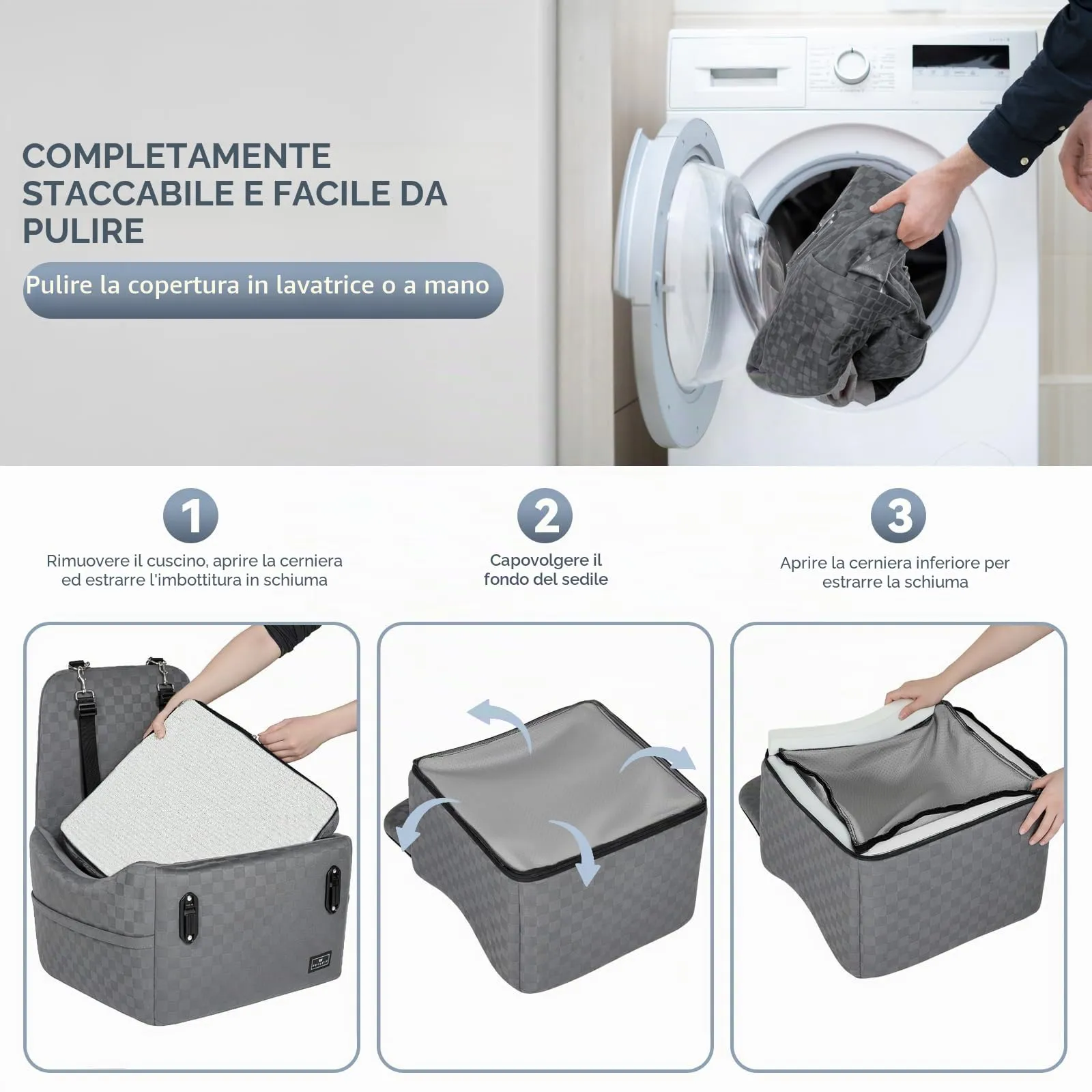 PETSFIT Seggiolino Auto per Cani di Taglia Piccola/Media fino a 15 kg – Sistema di Sicurezza Brevettato, Rialzo con Memory Foam da 13 cm, Sfoderabile e Lavabile, 2 Tasche Portaoggetti (Grigio) - immagine 7