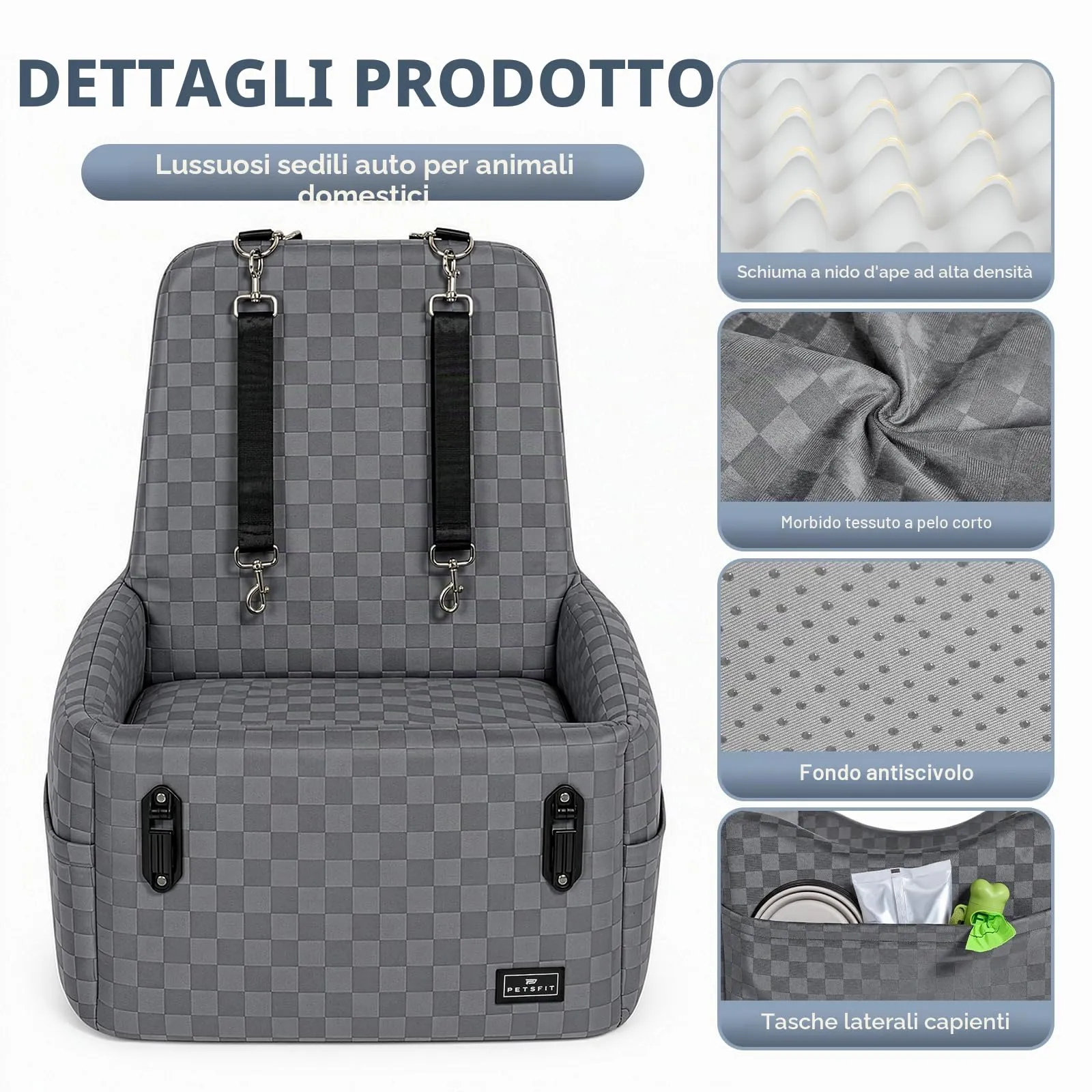 PETSFIT Seggiolino Auto per Cani di Taglia Piccola/Media fino a 15 kg – Sistema di Sicurezza Brevettato, Rialzo con Memory Foam da 13 cm, Sfoderabile e Lavabile, 2 Tasche Portaoggetti (Grigio) - immagine 8