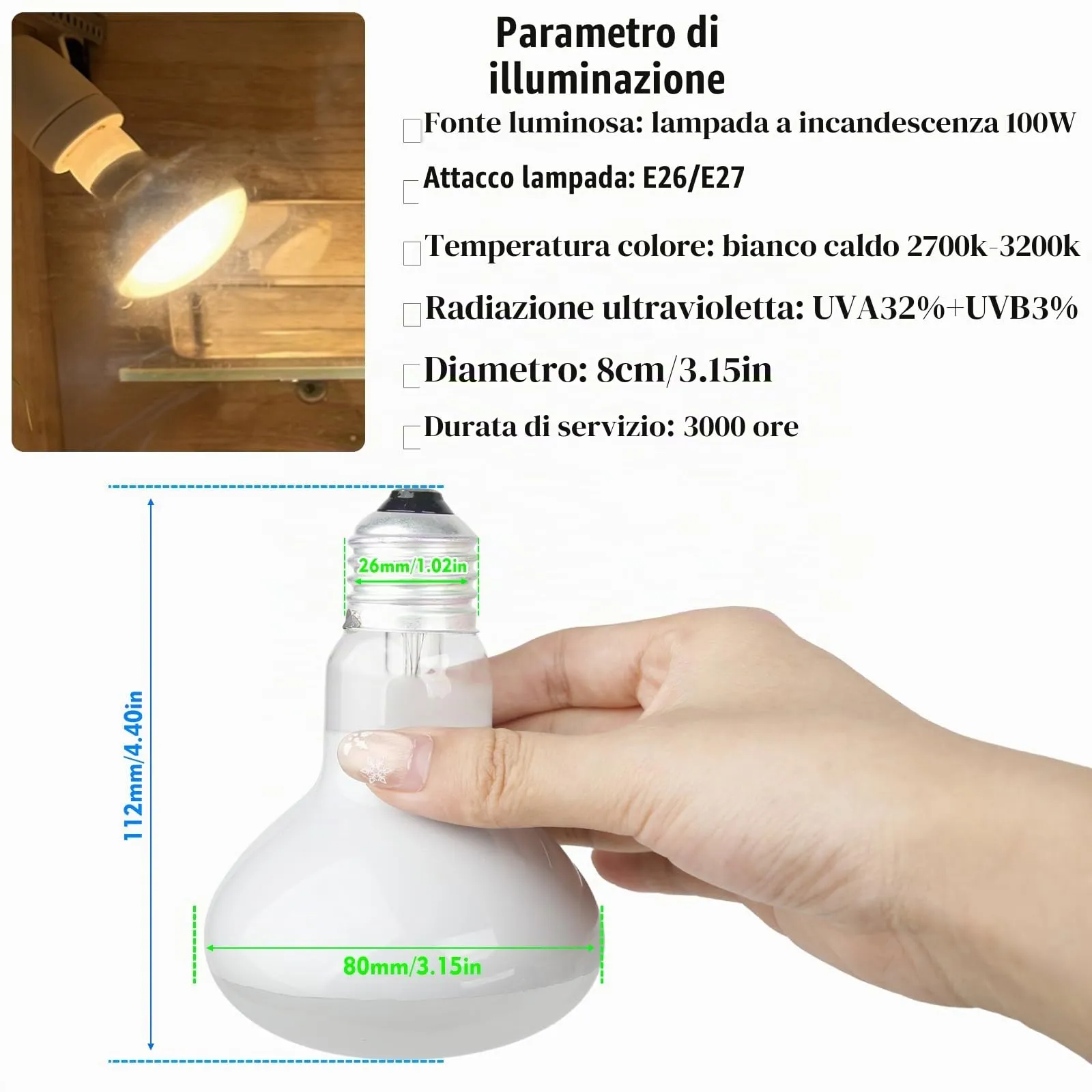 LedWekei 2 pezzi Lampada riscaldante per tartarughe, terrario, 100 W, UVA/UVB, per rettili, con attacco E27, adatta per tartarughe, draghi barbuti, lucertole e serpenti - immagine 3