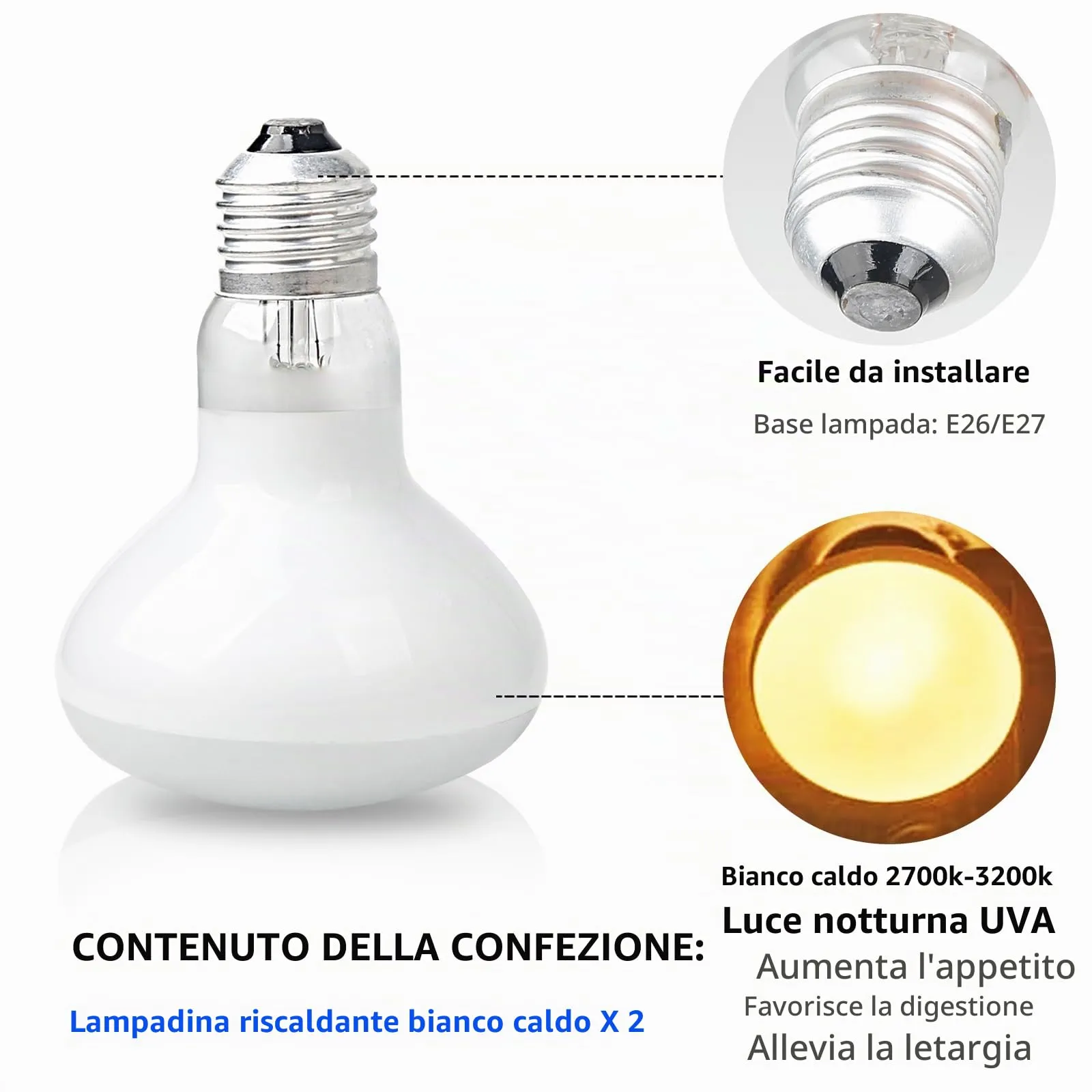 LedWekei 2 pezzi Lampada riscaldante per tartarughe, terrario, 100 W, UVA/UVB, per rettili, con attacco E27, adatta per tartarughe, draghi barbuti, lucertole e serpenti - immagine 7