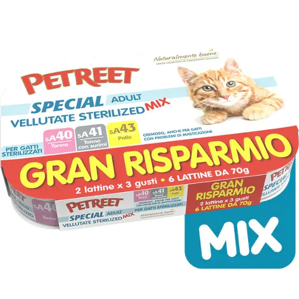Petreet Vellutate Special Cat Sterilized Maxi Scorta 6x70 gr 2x Tonno 2x Tonno e surimi 2x Pollo - immagine 1