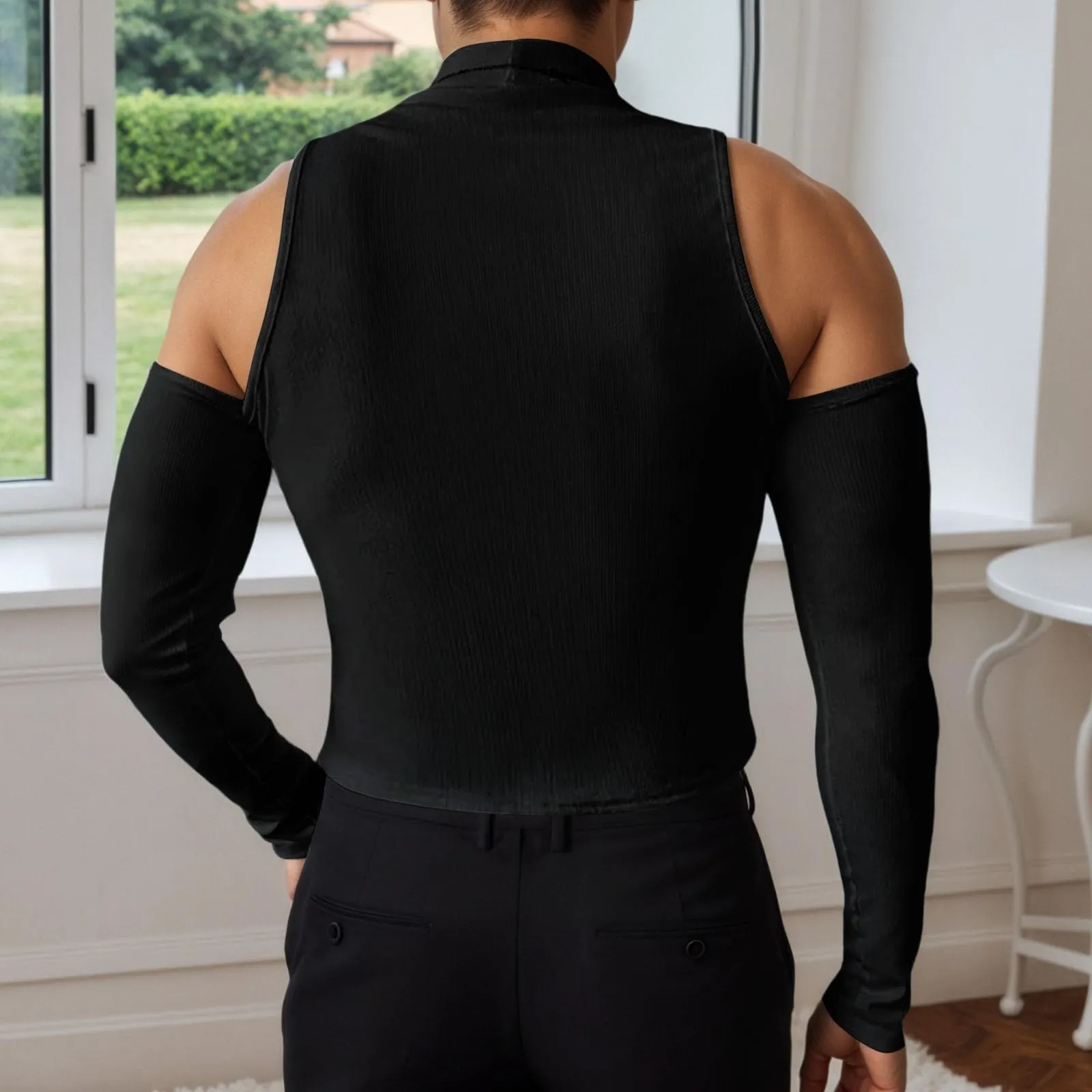 Duohropke Canottiera sportiva da uomo a collo alto, senza maniche, per palestra, sport, crop, per allenamento, bodybuilding, fitness, ascelle, estive, spiaggia, per il tempo libero, 01 nero, M - immagine 3