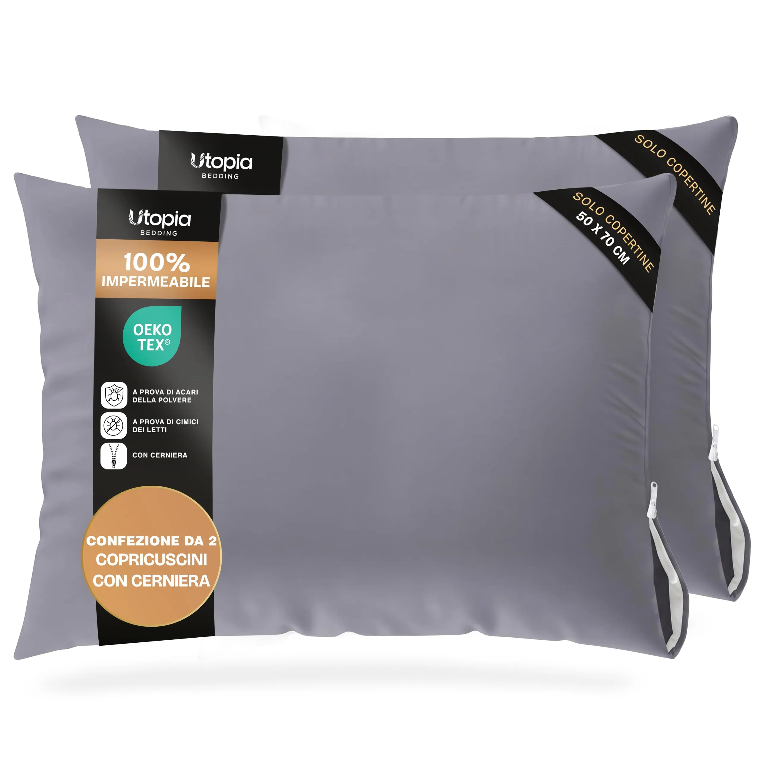 Copricuscini Impermeabili Con Cerniera Grigi 50 x 70 cm, Set Di 2, Anti Cimici - immagine 1