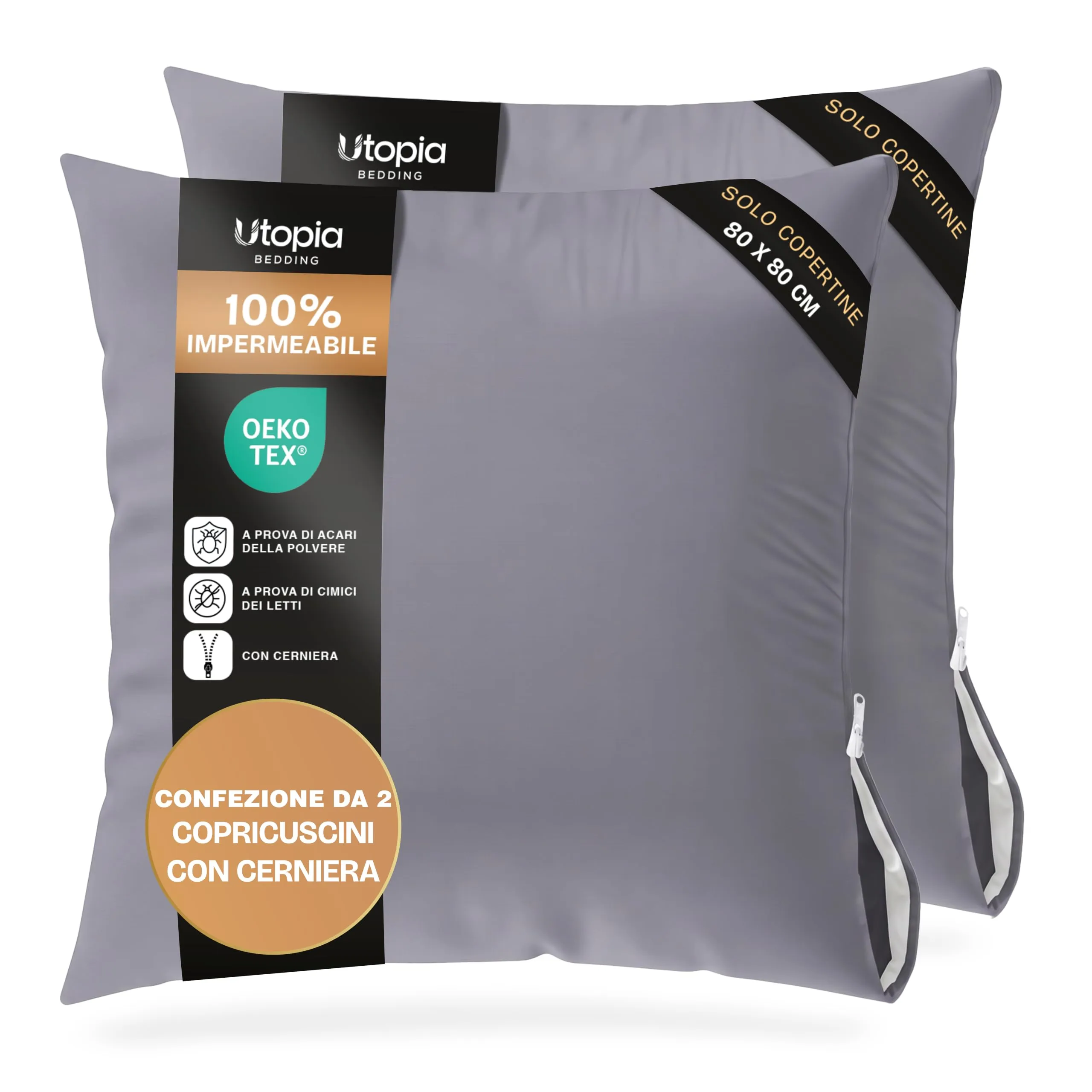 Copricuscini Impermeabili Con Cerniera Grigi 80 x 80 cm, Set Di 2, Anti Cimici - immagine 1