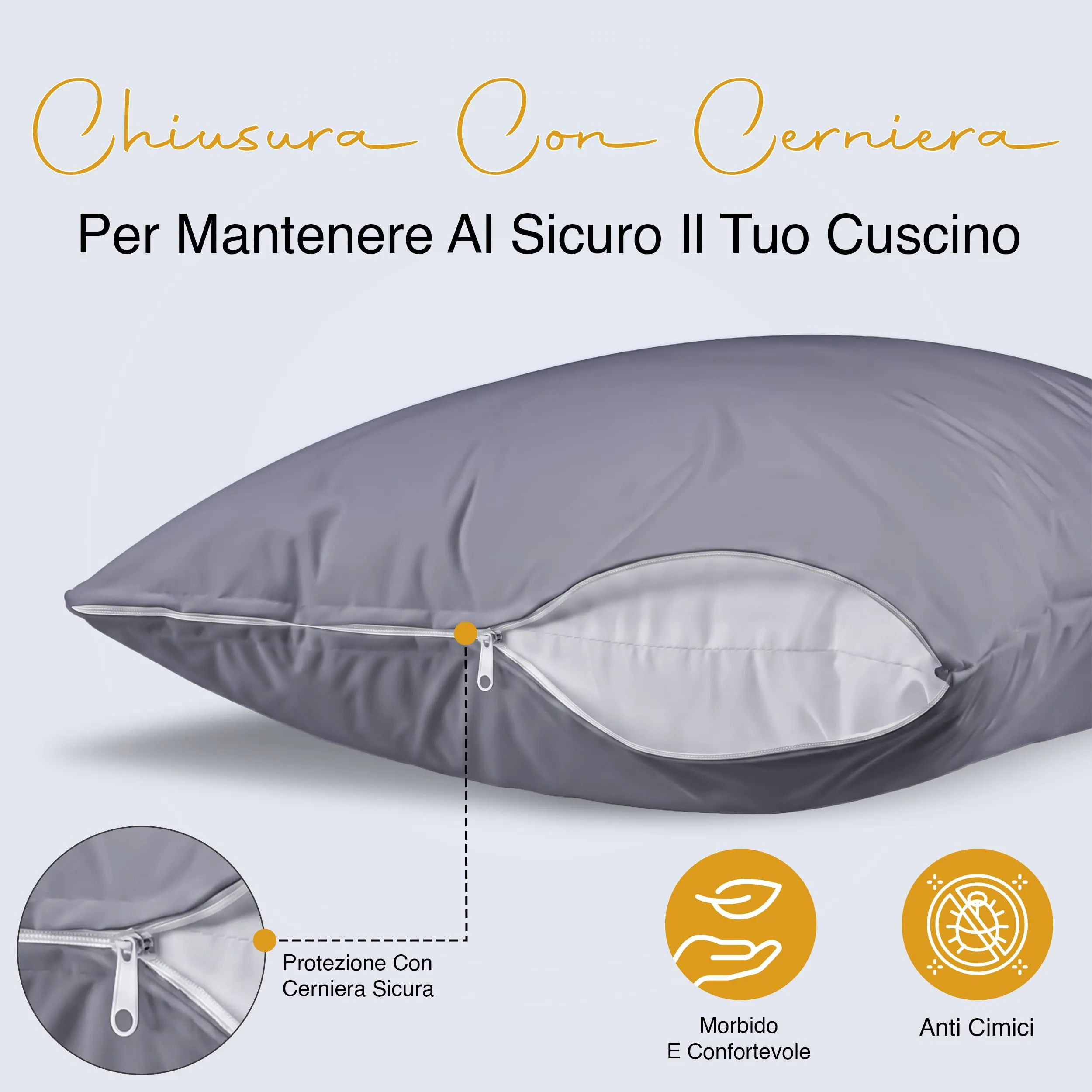 Copricuscini Impermeabili Con Cerniera Grigi 80 x 80 cm, Set Di 2, Anti Cimici - immagine 3