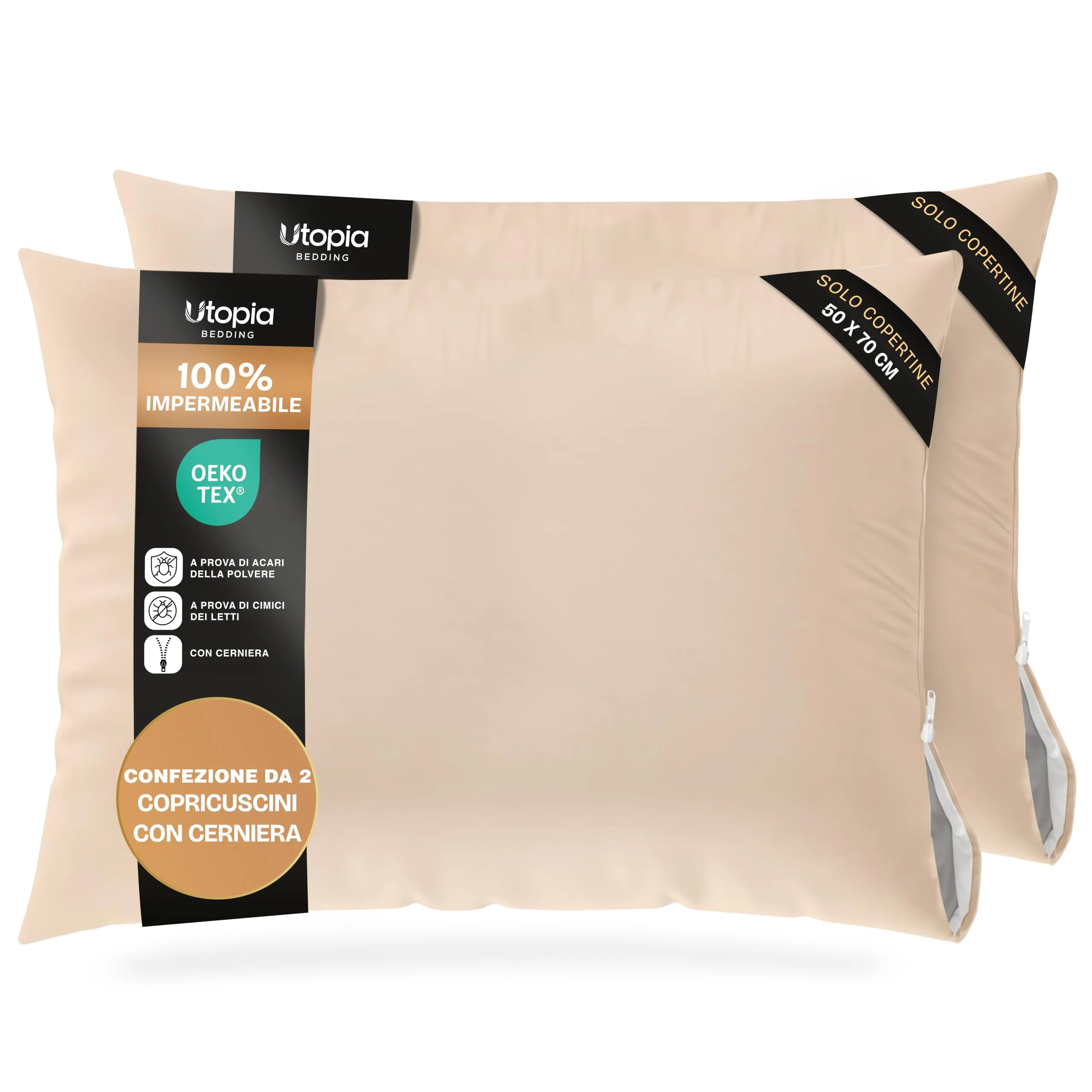Copricuscini Impermeabili Con Cerniera Beige 50 x 70 cm, Set Di 2, Anti Cimici - immagine 1