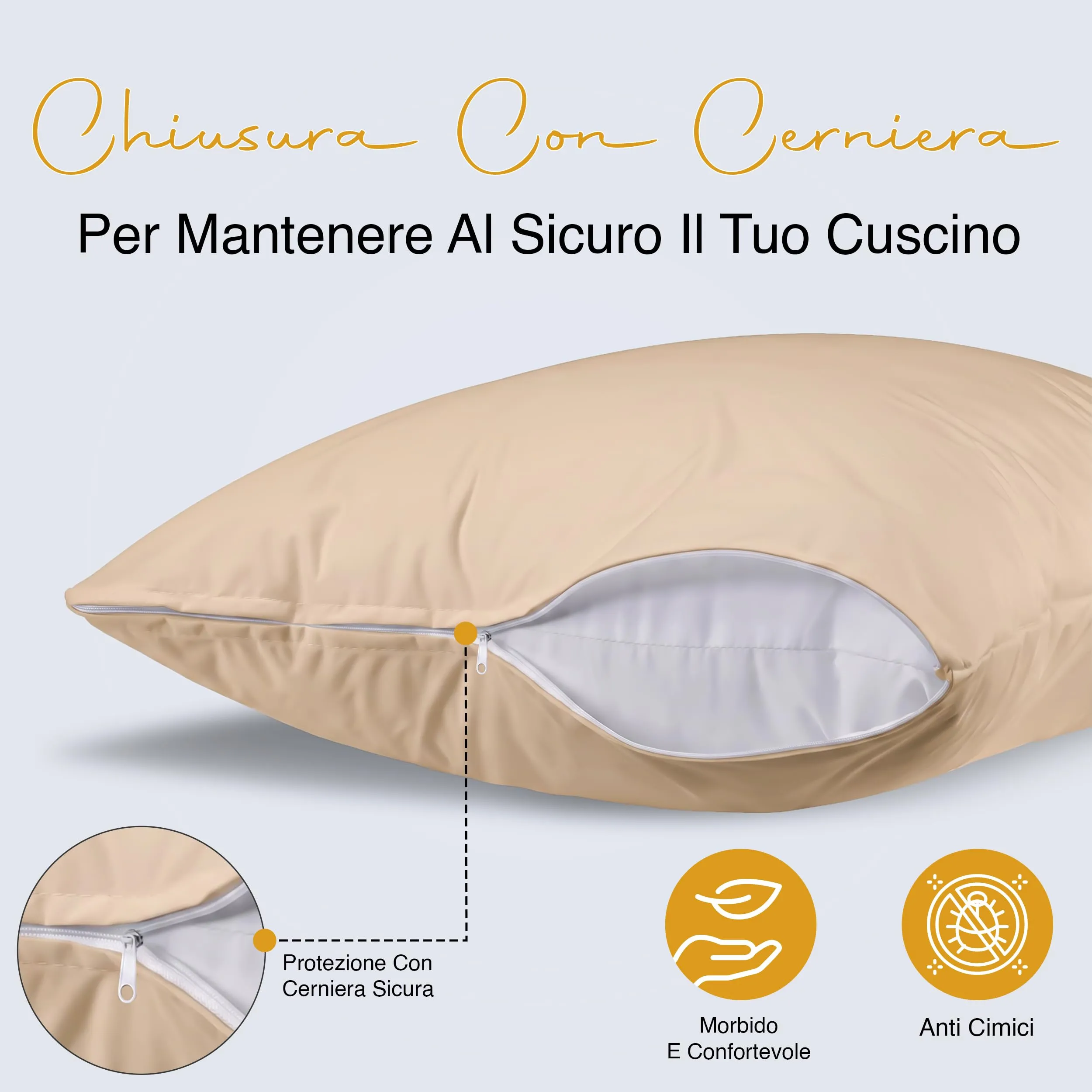 Copricuscini Impermeabili Con Cerniera Beige 50 x 70 cm, Set Di 2, Anti Cimici - immagine 3