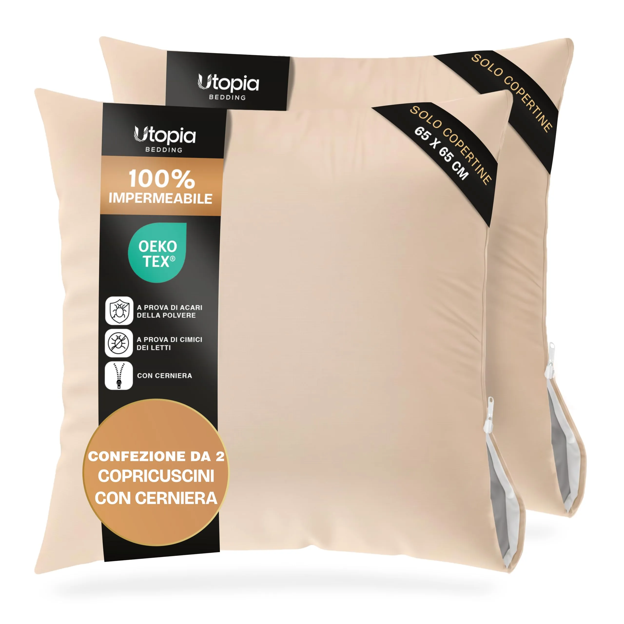 Copricuscini Impermeabili Con Cerniera Beige 65 x 65 cm, Set Di 2, Anti Cimici - immagine 1