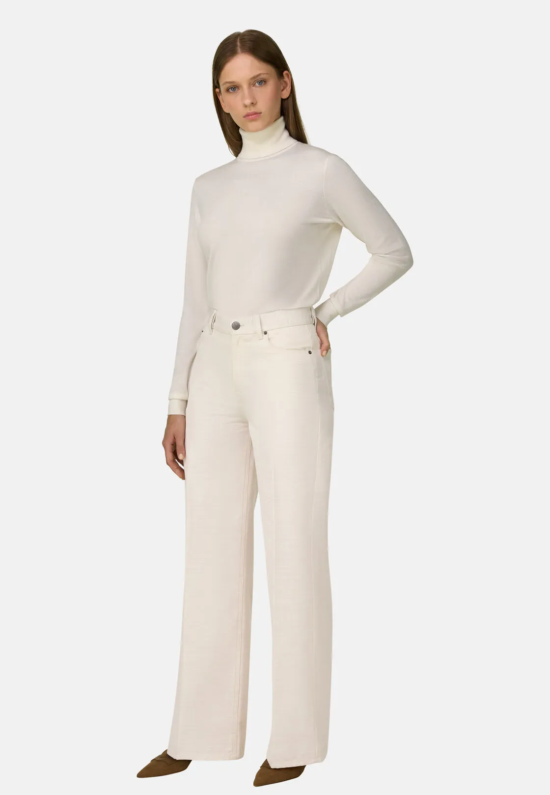 Boggi, Pantalone 5 Tasche Wide Leg, Donna, Crema, Taglia: L - immagine 2