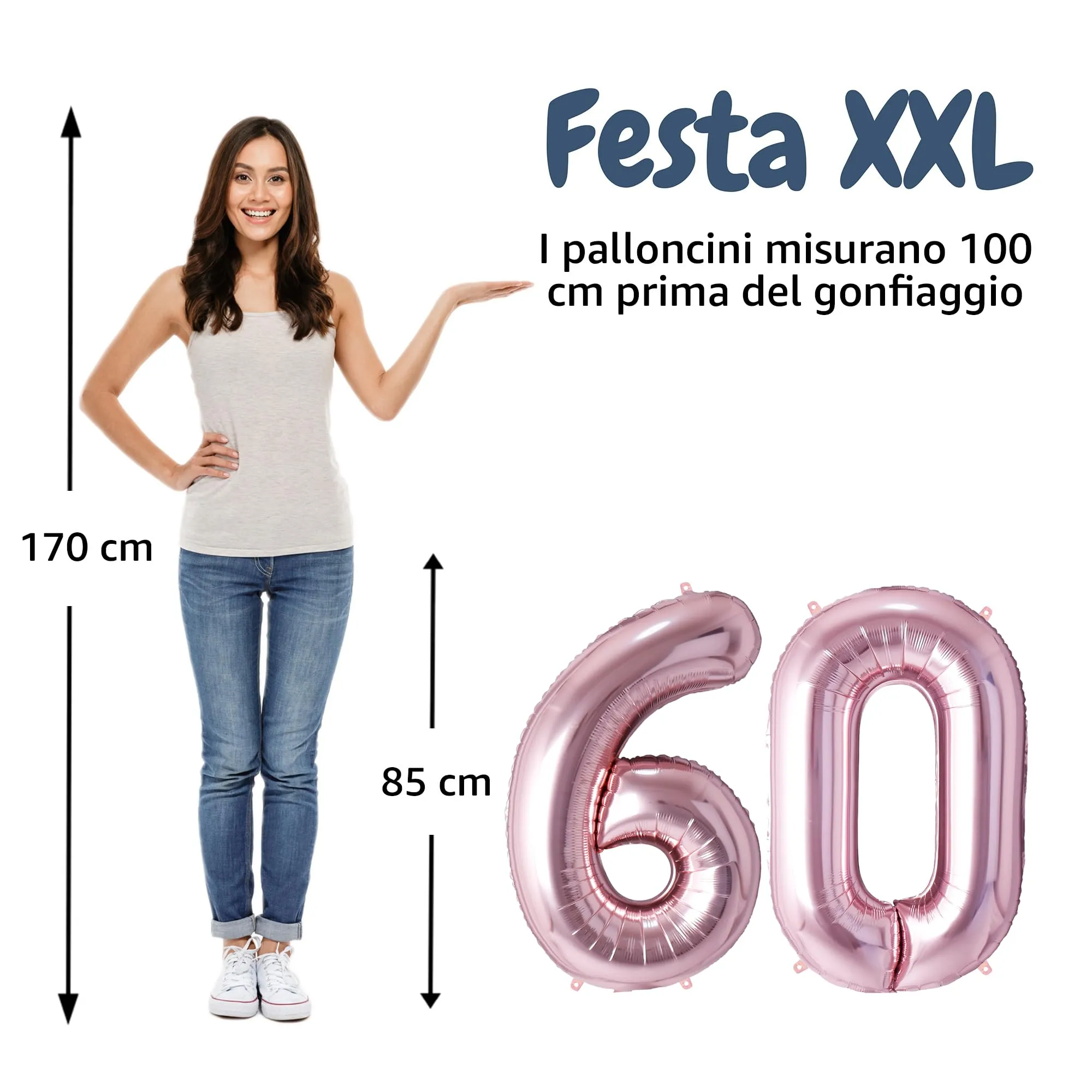 FUNFEST Palloncini Compleanno 60 Anni Oro Rosa – Numeri Giganti (100cm) - immagine 2
