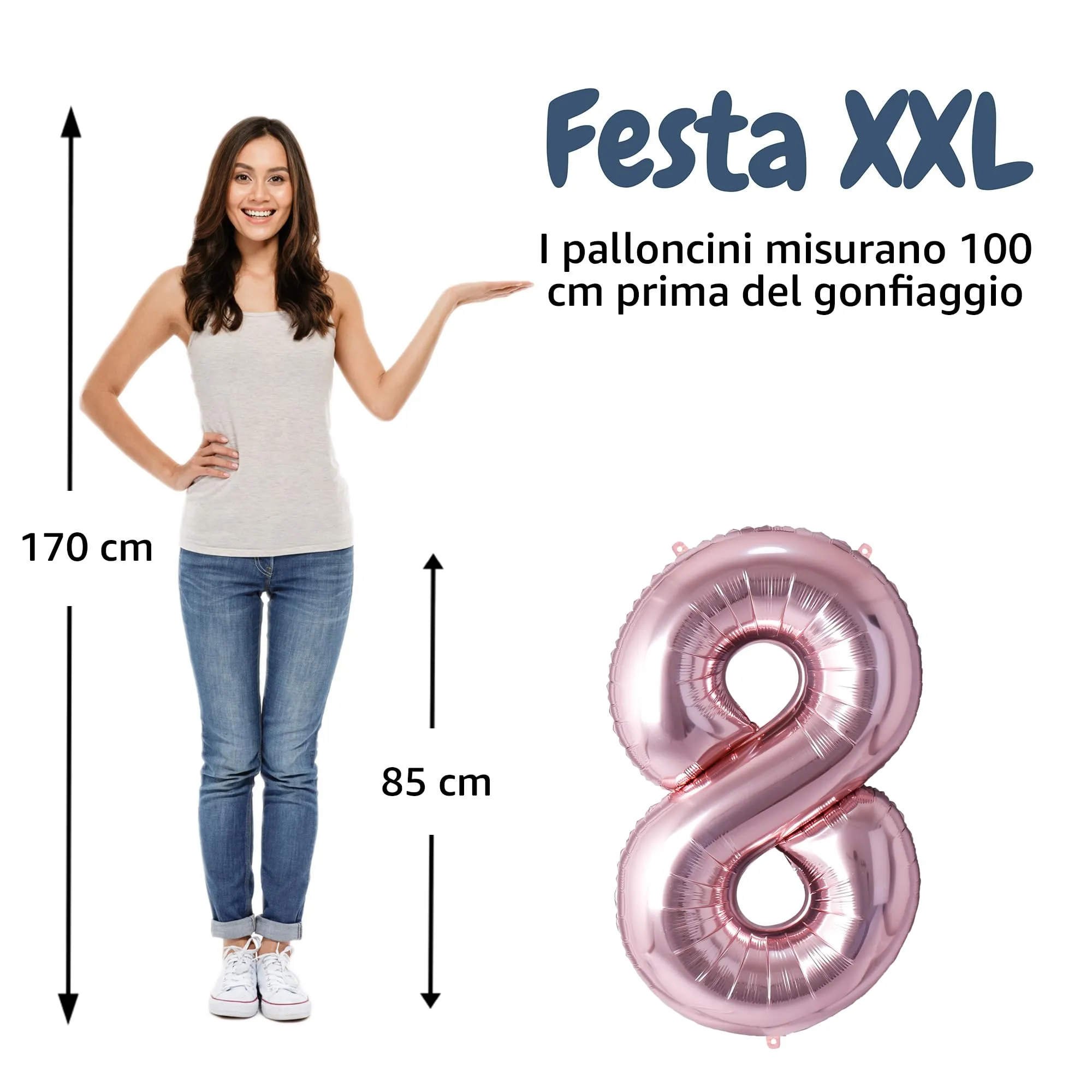 FUNFEST Palloncini Compleanno 8 Anni Oro Rosa – Numeri Giganti (100cm) - immagine 2