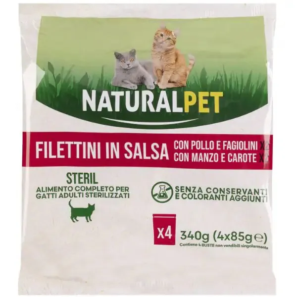 NaturalPet Cat Adult Sterilised Filettini in salsa multipack 4x85 gr 2x Pollo e fagiolini 2x Manzo e carote - immagine 1