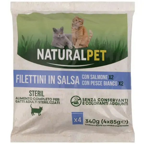 NaturalPet Cat Adult Sterilised Filettini in salsa multipack 4x85 gr 2x Salmone 2x Pesce bianco - immagine 1