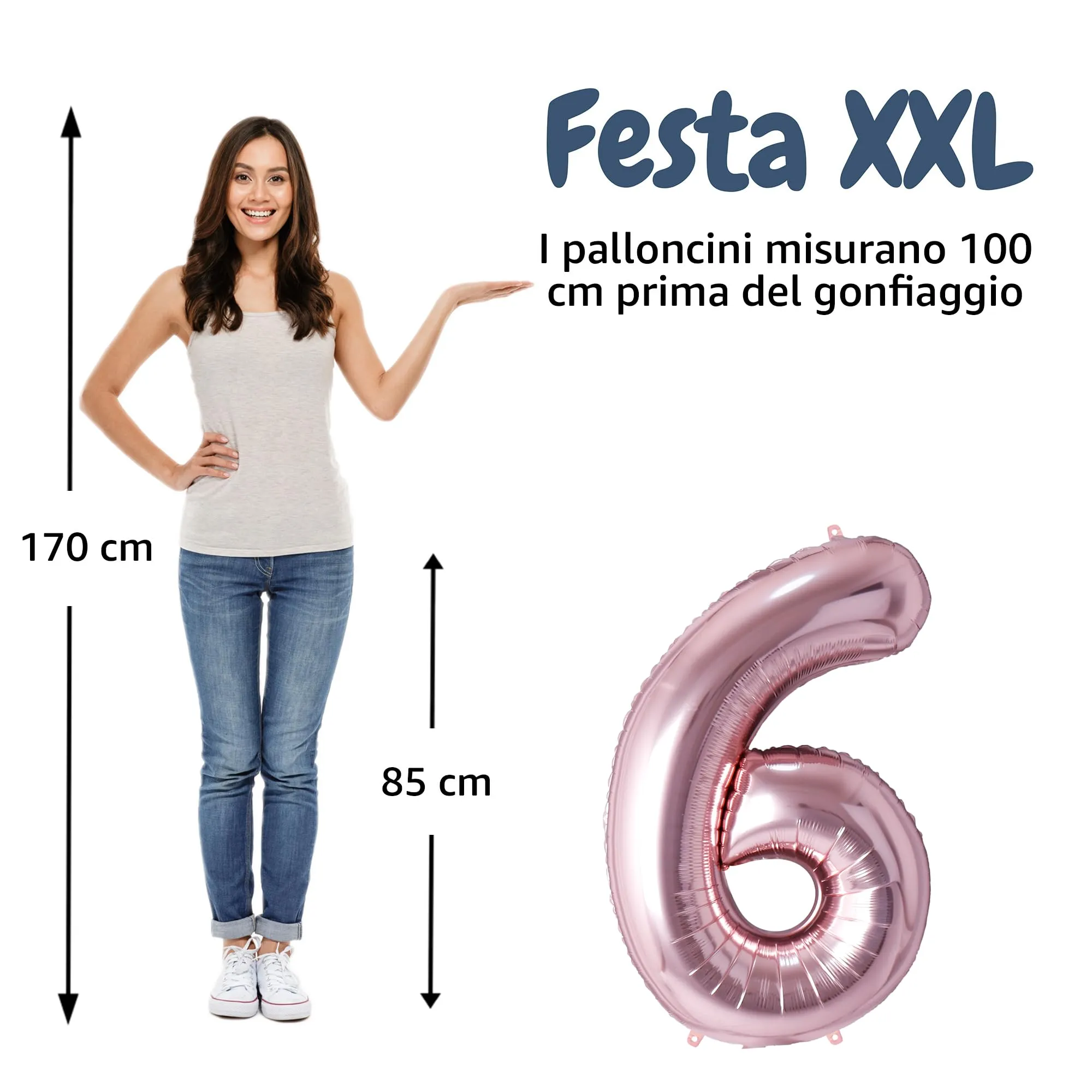 FUNFEST Palloncini Compleanno 6 Anni Oro Rosa – Numeri Giganti (100cm) - immagine 2