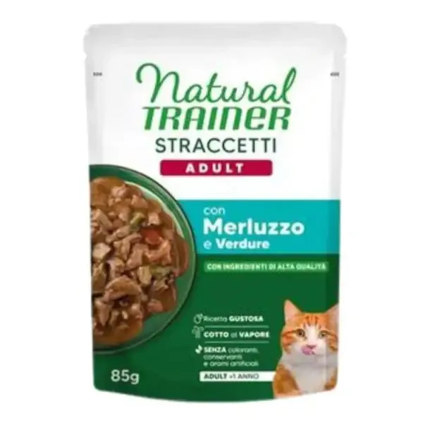 Natural Trainer Cat Adult Straccetti cotti al vapore 85 gr Merluzzo - confezione da 22 pezzi - Cibo umido per gatti - immagine 1