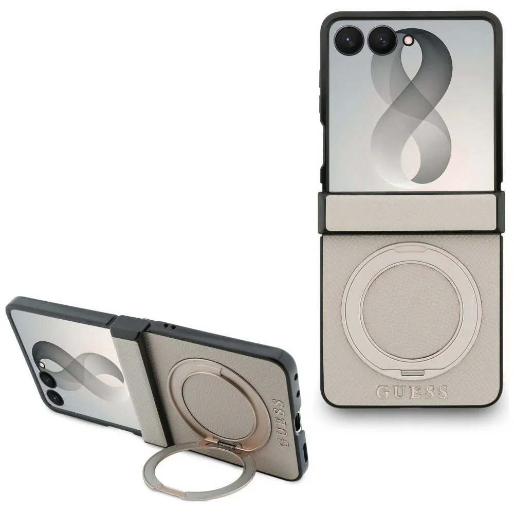 Custodia MagSafe per Samsung Galaxy Z Flip8 F776, Guess, Ring Stand Grained Classic Logo, Beige - immagine 1