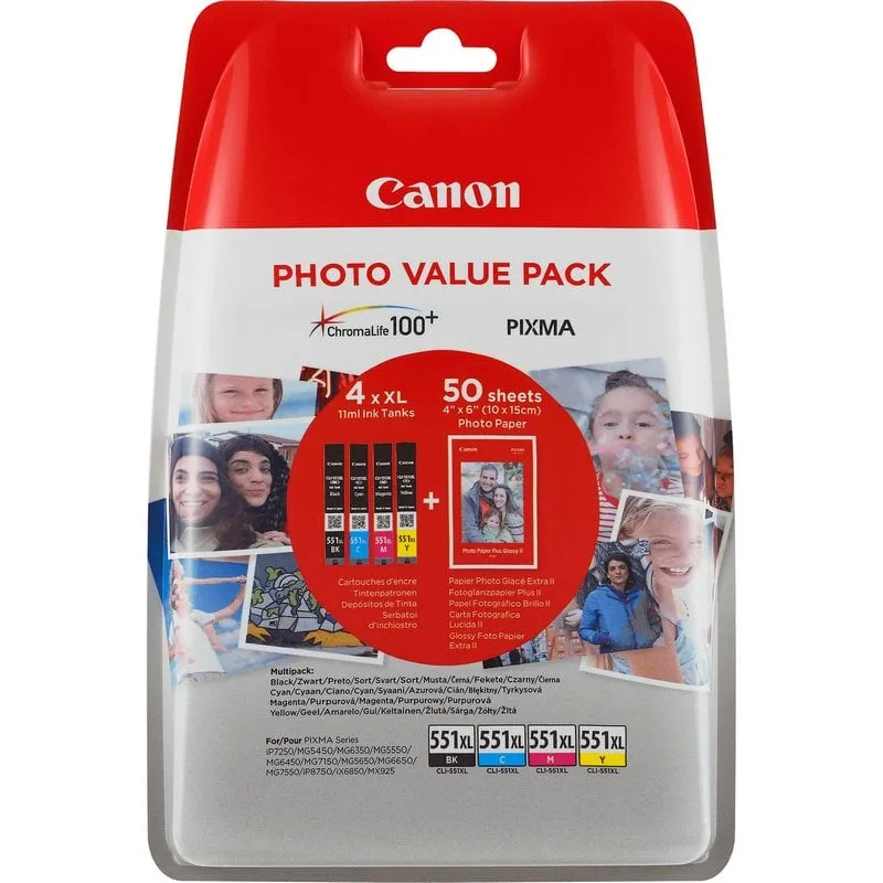 Canon Confezione multipla di cartucce d'inchiostro a resa elevata per foto CLI-551XL BK/C/M/Y - immagine 1