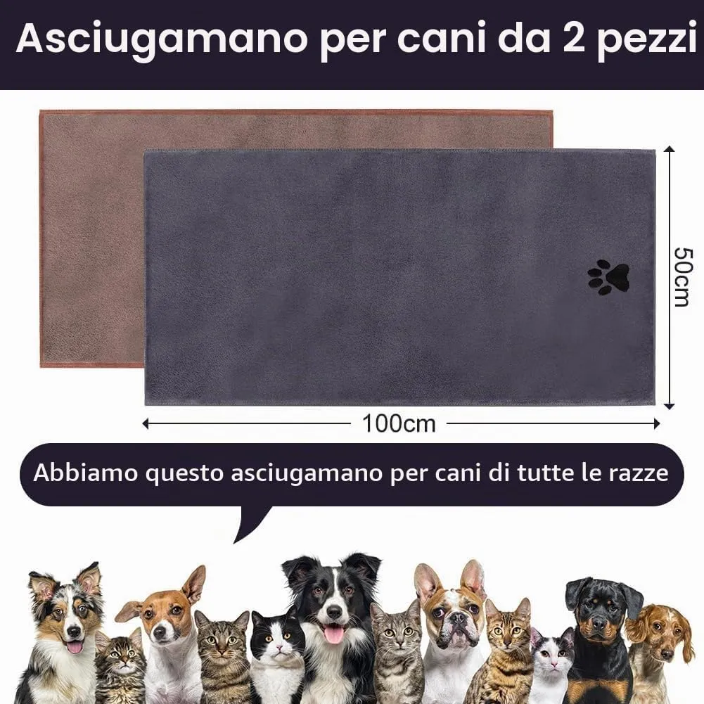 Adiwo 2 Pezzi Asciugamani per Cani, 100x50cm e Asciugamano Microfibra, Asciugamani Pet Morbidi e ad Asciugatura Rapida, Super Assorbente, Coperta Animali per Cani e Gatti, Grigio e Marrone - immagine 2