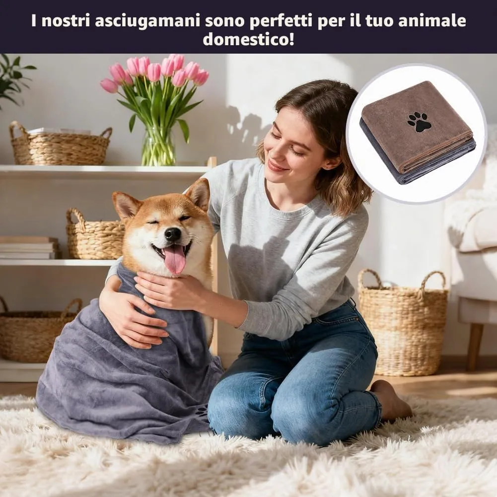 Adiwo 2 Pezzi Asciugamani per Cani, 100x50cm e Asciugamano Microfibra, Asciugamani Pet Morbidi e ad Asciugatura Rapida, Super Assorbente, Coperta Animali per Cani e Gatti, Grigio e Marrone - immagine 6