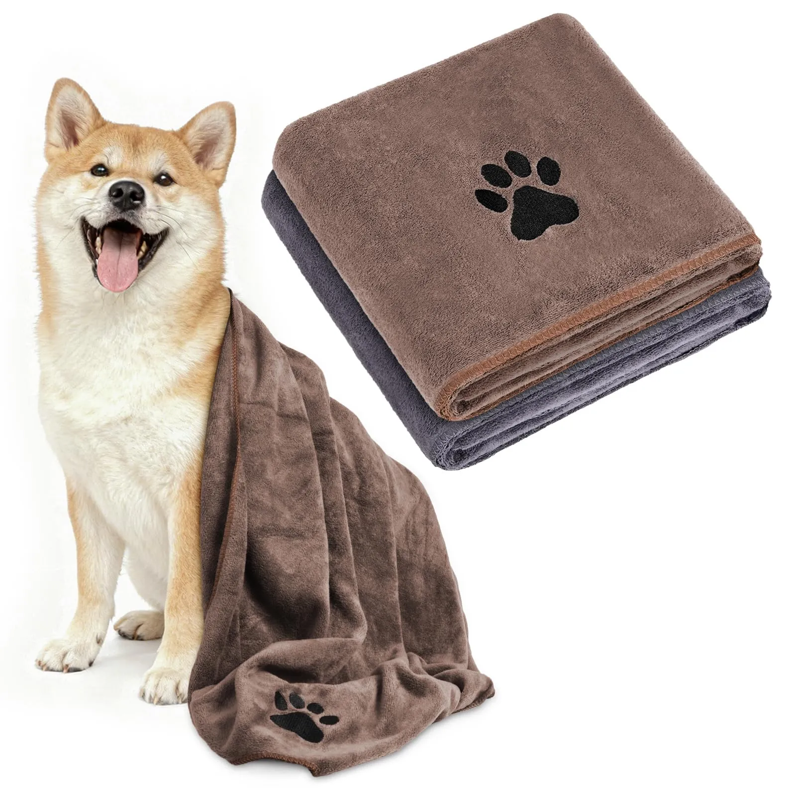 Adiwo 2 Pezzi Asciugamani per Cani, 100x50cm e Asciugamano Microfibra, Asciugamani Pet Morbidi e ad Asciugatura Rapida, Super Assorbente, Coperta Animali per Cani e Gatti, Grigio e Marrone - immagine 8
