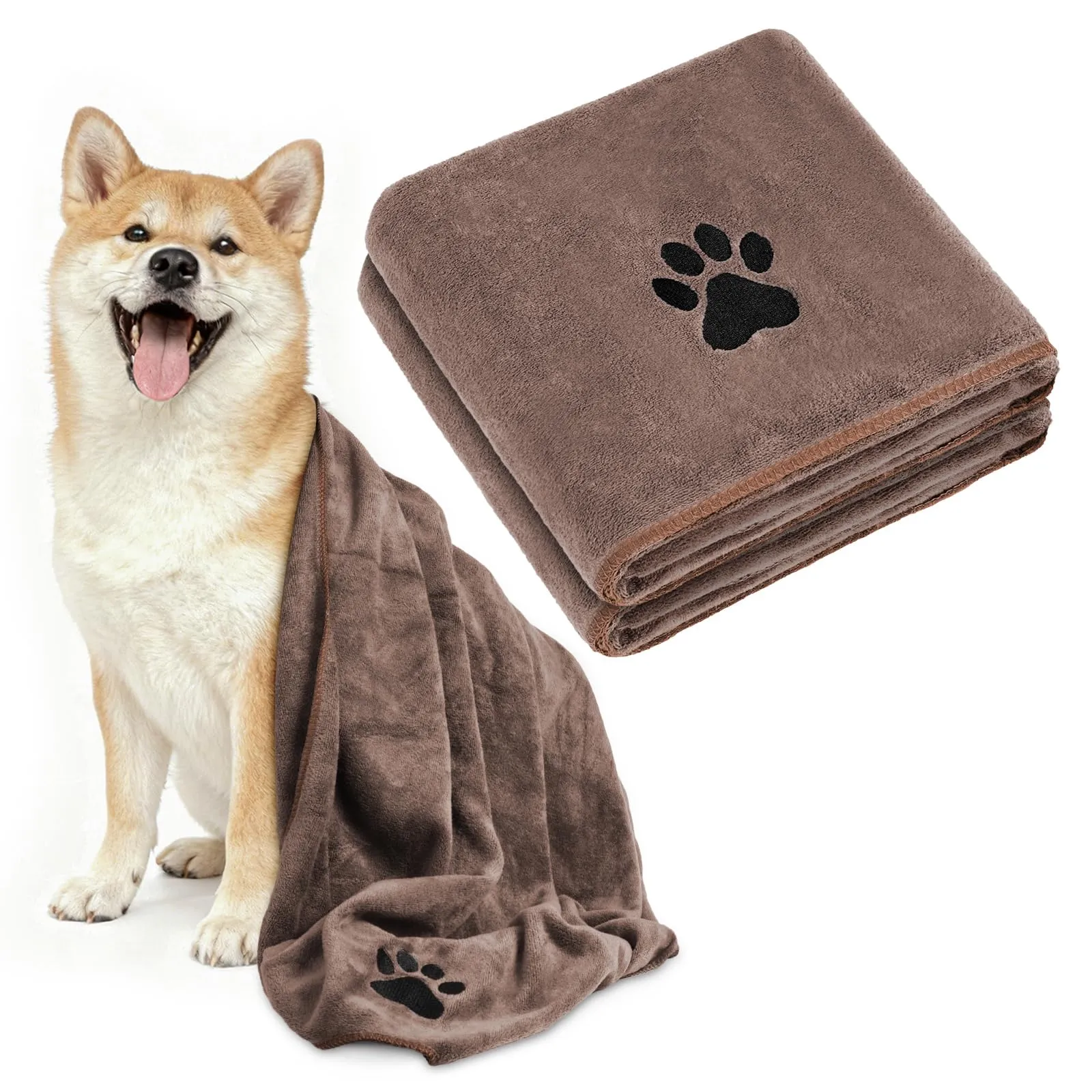 Adiwo 2 Pezzi Asciugamani per Cani, 100x50cm Asciugamano Microfibra, Asciugamani Pet Morbidi e ad Asciugatura Rapida, Super Assorbente, Coperta Animali per Cani di Piccola e Grande Taglia, Marrone - immagine 1