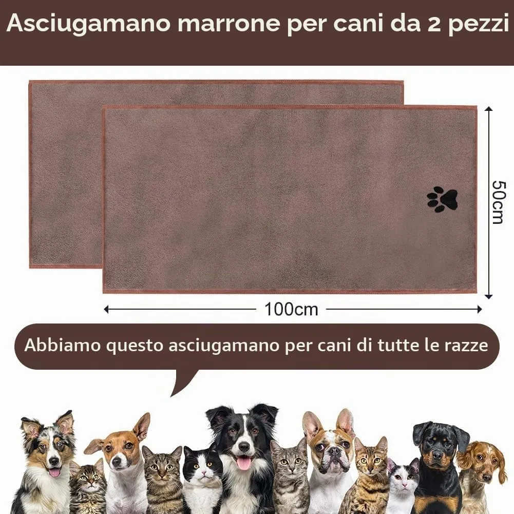 Adiwo 2 Pezzi Asciugamani per Cani, 100x50cm Asciugamano Microfibra, Asciugamani Pet Morbidi e ad Asciugatura Rapida, Super Assorbente, Coperta Animali per Cani di Piccola e Grande Taglia, Marrone - immagine 2