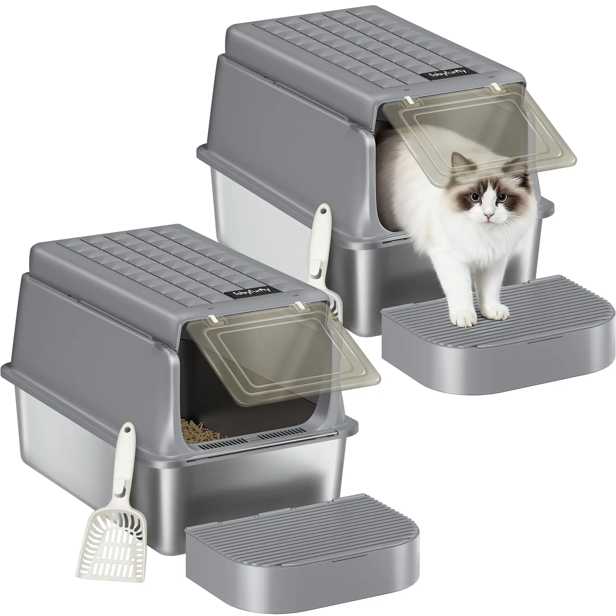 Fobyfurny Lettiera Acciaio Inox Chiusa con Coperchio da 2, Grigio Scuro - immagine 1