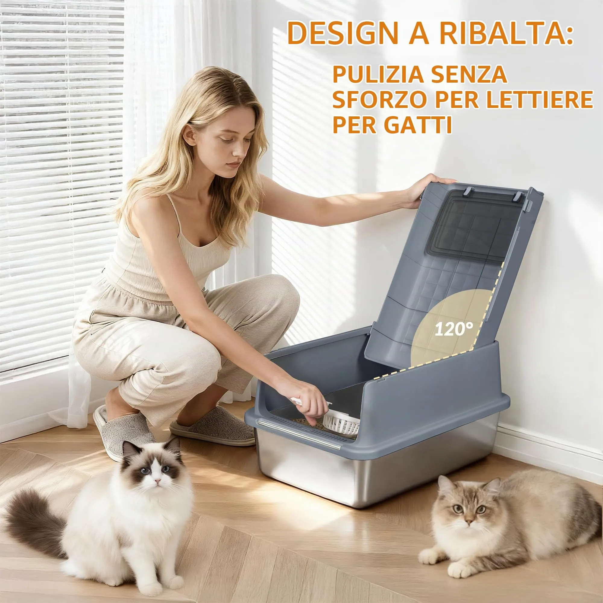 Fobyfurny Lettiera Acciaio Inox Chiusa con Coperchio da 2, Grigio Scuro - immagine 2