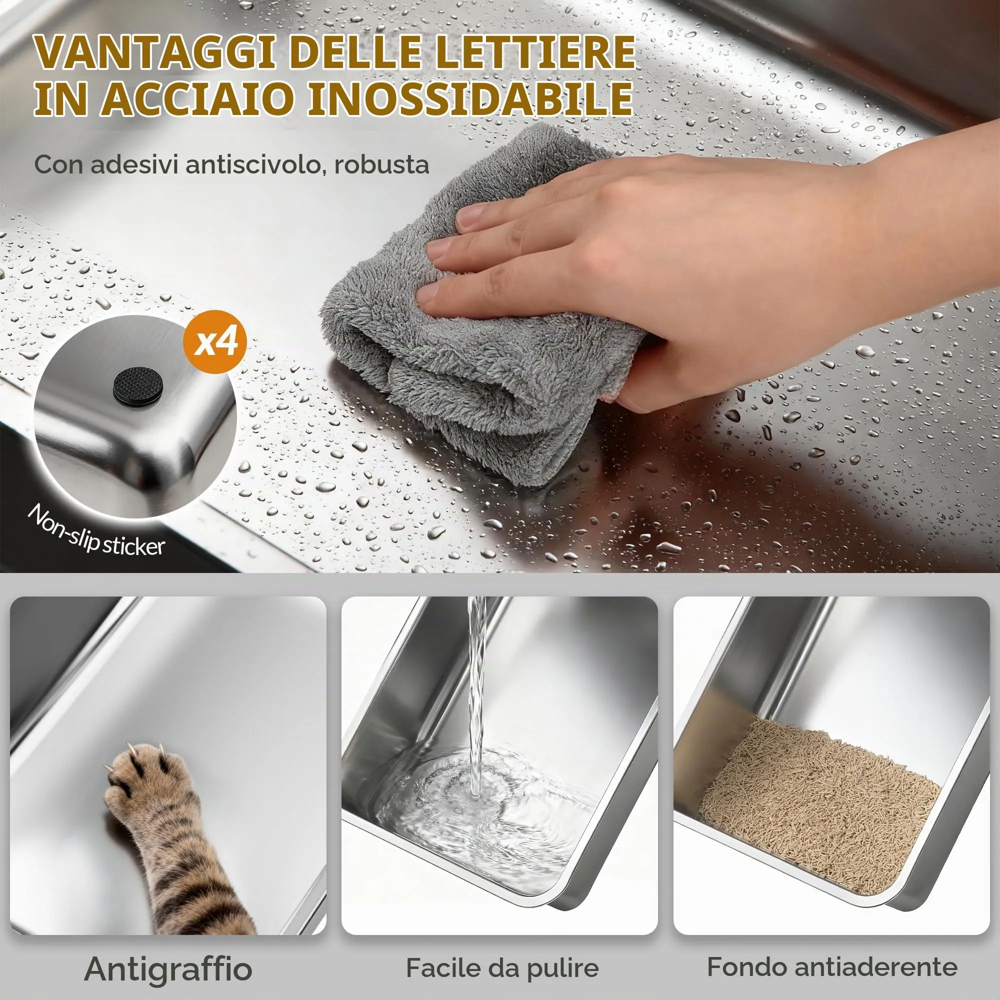 Fobyfurny Lettiera Acciaio Inox Chiusa con Coperchio da 2, Grigio Scuro - immagine 3