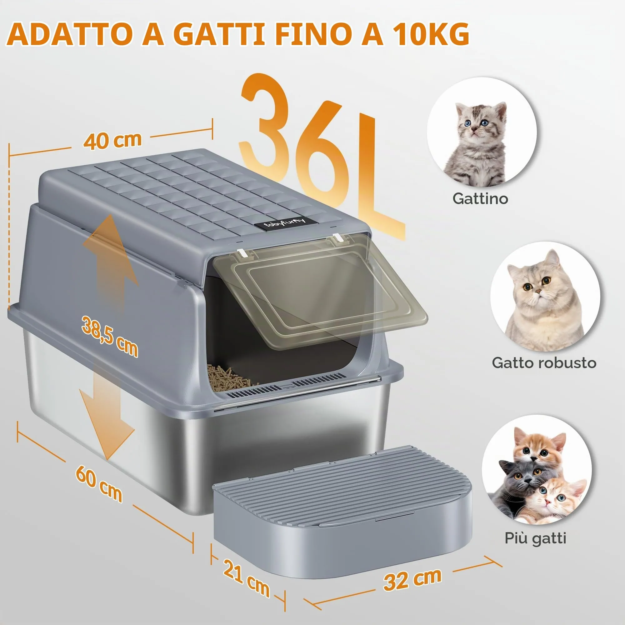 Fobyfurny Lettiera Acciaio Inox Chiusa con Coperchio da 2, Grigio Scuro - immagine 5