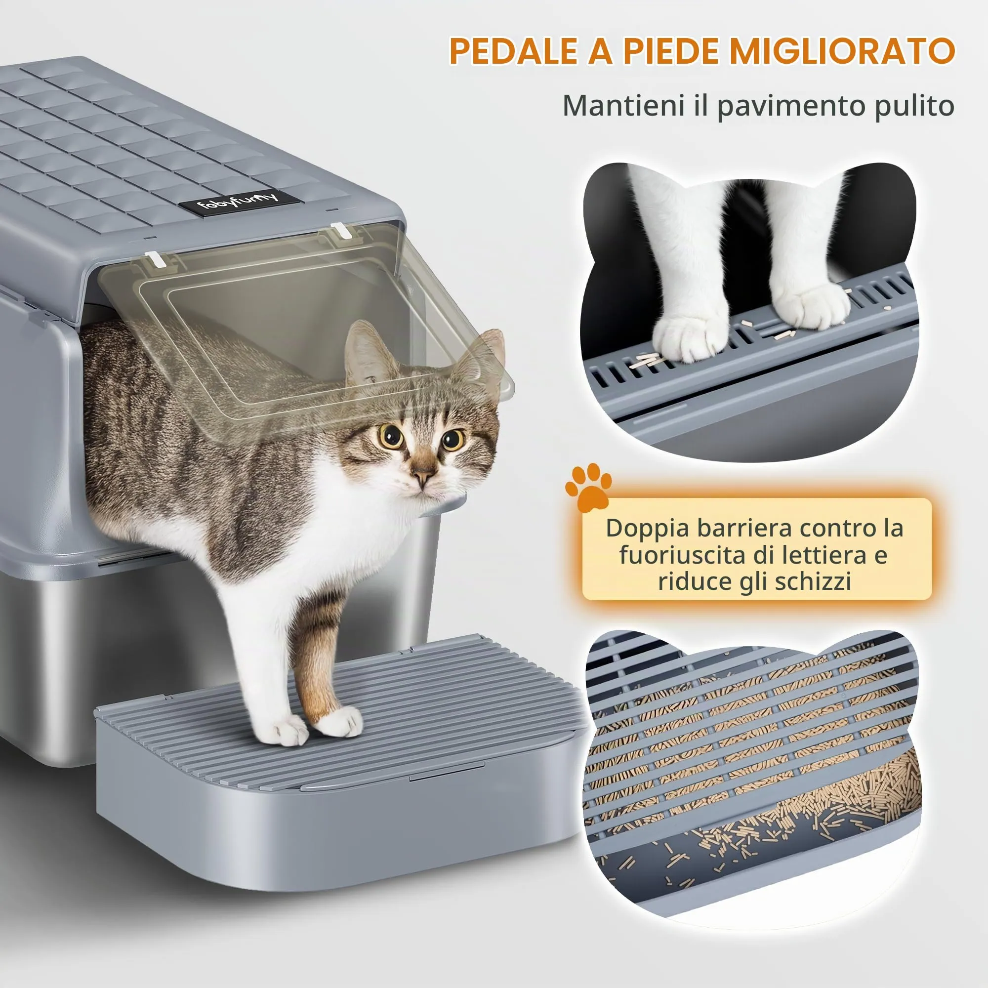 Fobyfurny Lettiera Acciaio Inox Chiusa con Coperchio da 2, Grigio Scuro - immagine 7