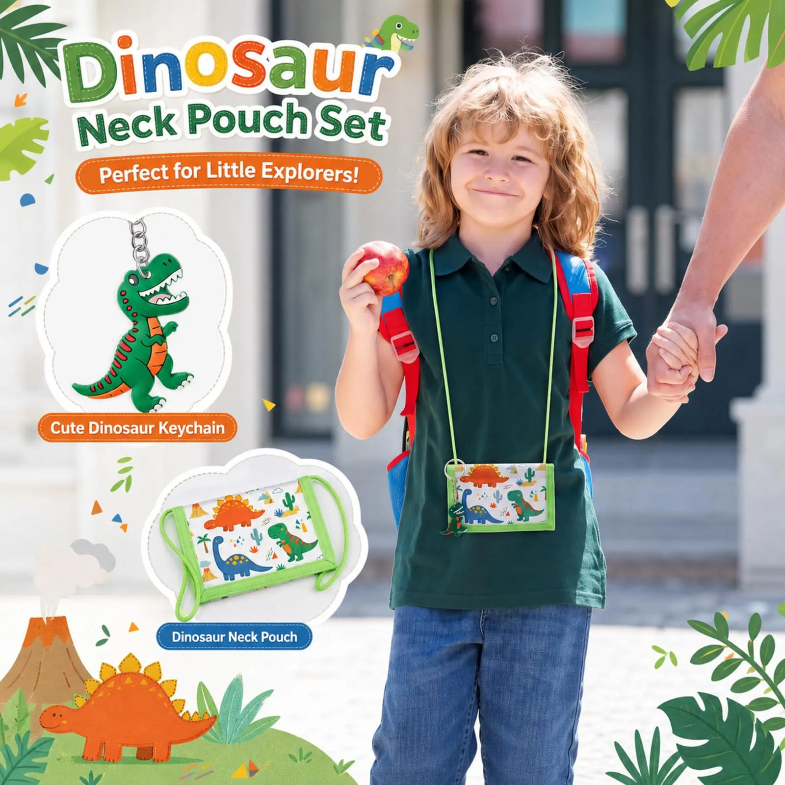Hestya Portafoglio per Bambini e Ragazzi Portafoglio da Collo a Tre Scomparti con Diverse Fantasie Portamonete da Viaggio con Cordino e Portachiavi Regalo di Compleanno (Simpatici Dinosauri) - immagine 5