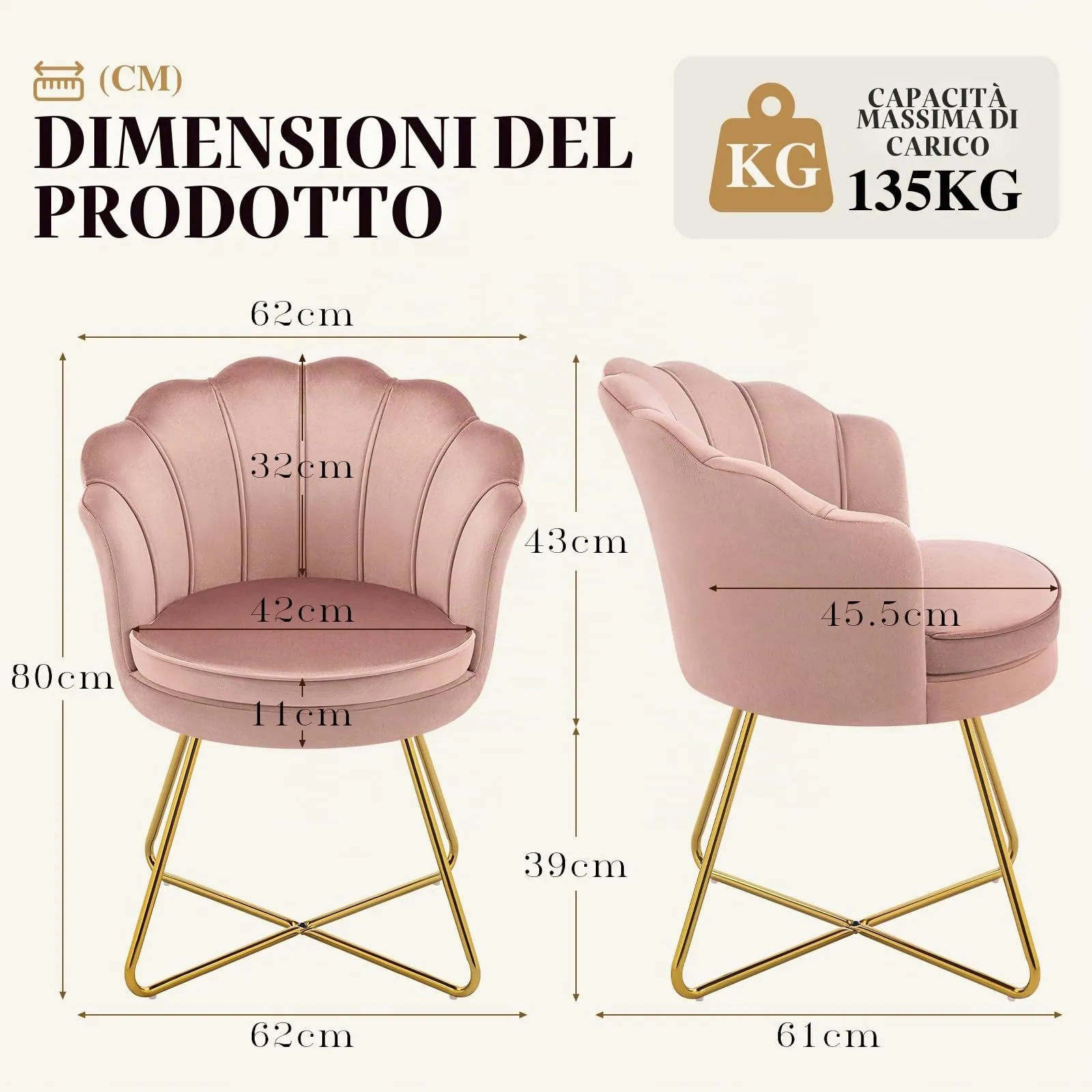 Hellove Sedia Trucco, Poltrona Conchiglia in Velluto con Placcato Oro Metallo Gambe, Moderno Poltrona Salotto con Seduta Morbida Imbottita per Camera da letto/Soggiorno/Vanità, Rosa Corallo - immagine 2