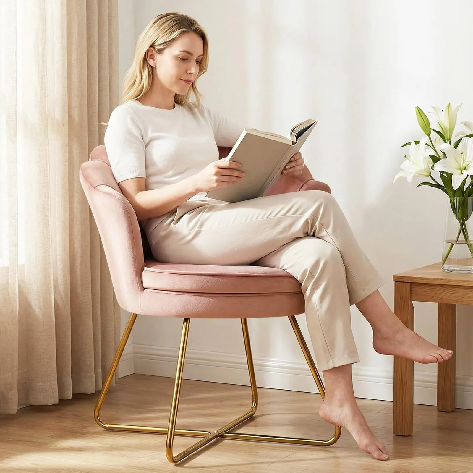 Hellove Sedia Trucco, Poltrona Conchiglia in Velluto con Placcato Oro Metallo Gambe, Moderno Poltrona Salotto con Seduta Morbida Imbottita per Camera da letto/Soggiorno/Vanità, Rosa Corallo - immagine 3