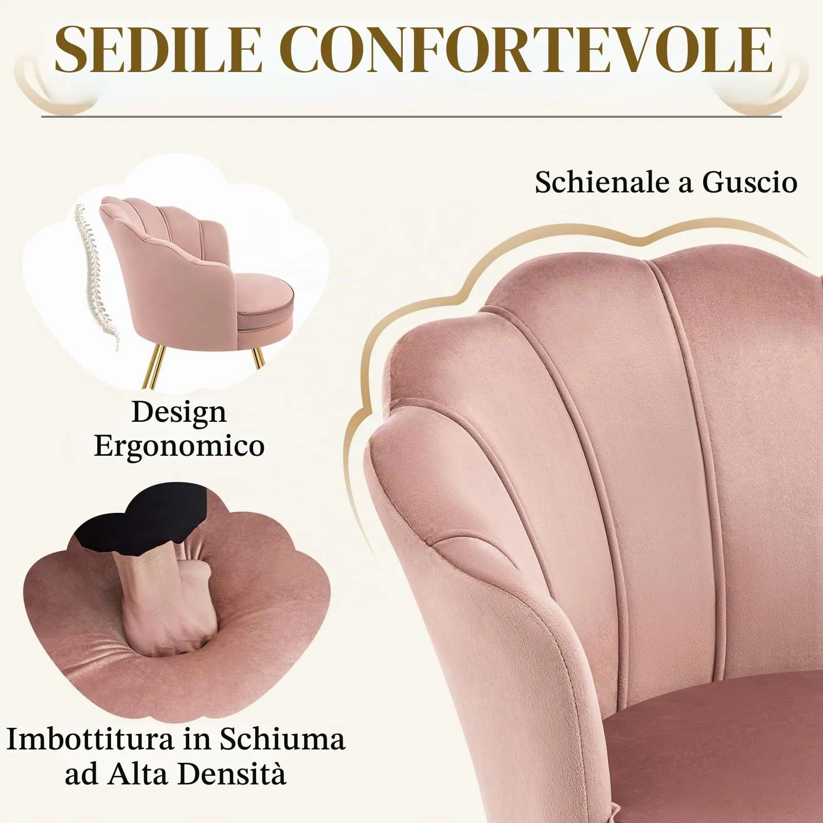 Hellove Sedia Trucco, Poltrona Conchiglia in Velluto con Placcato Oro Metallo Gambe, Moderno Poltrona Salotto con Seduta Morbida Imbottita per Camera da letto/Soggiorno/Vanità, Rosa Corallo - immagine 5