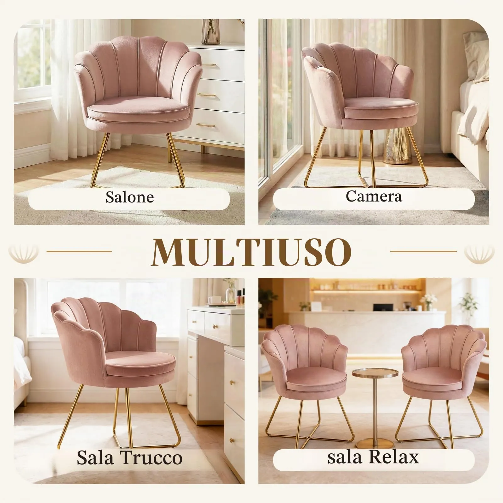 Hellove Sedia Trucco, Poltrona Conchiglia in Velluto con Placcato Oro Metallo Gambe, Moderno Poltrona Salotto con Seduta Morbida Imbottita per Camera da letto/Soggiorno/Vanità, Rosa Corallo - immagine 6